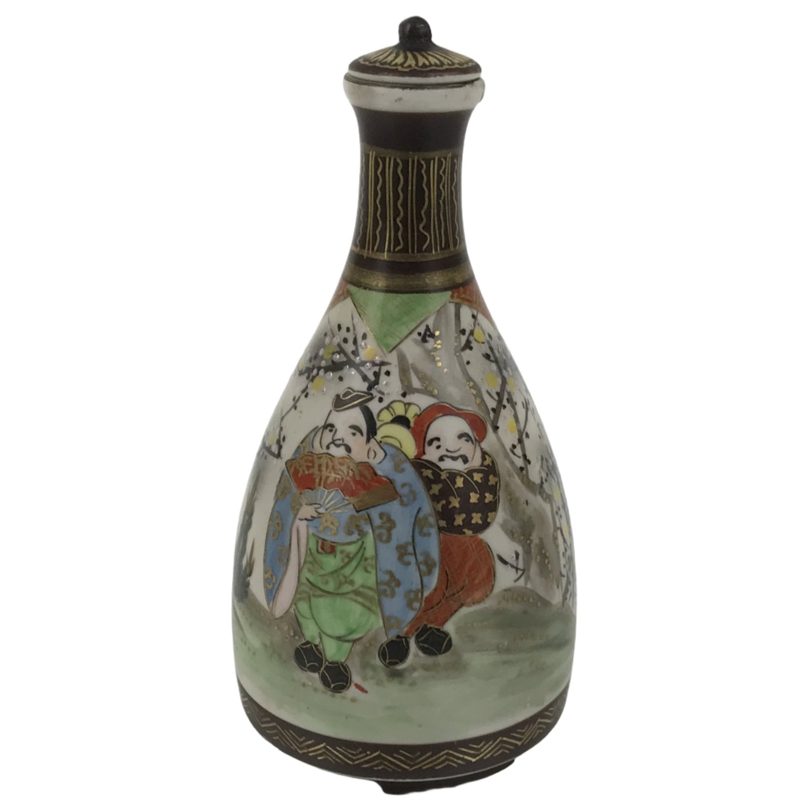 Antique Japanese Kutani Porcelain Lidded Sake Bottle Tokkuri Ebisu Daikoku TS896