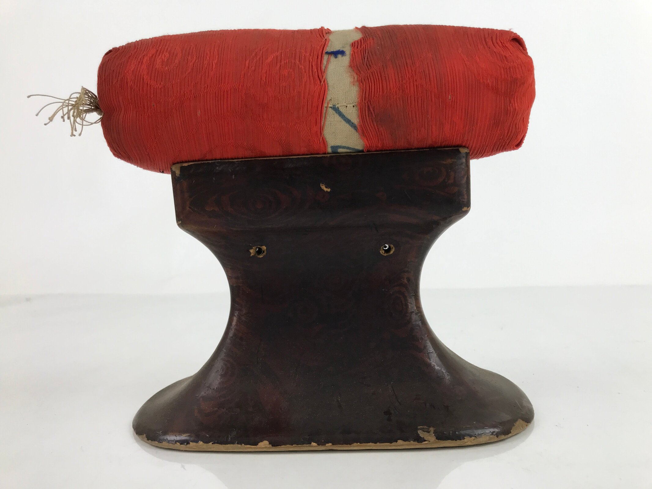 Antique Japanese Lacquered Wood Silk Takamakura Neck Pillow Geisha Red JK705