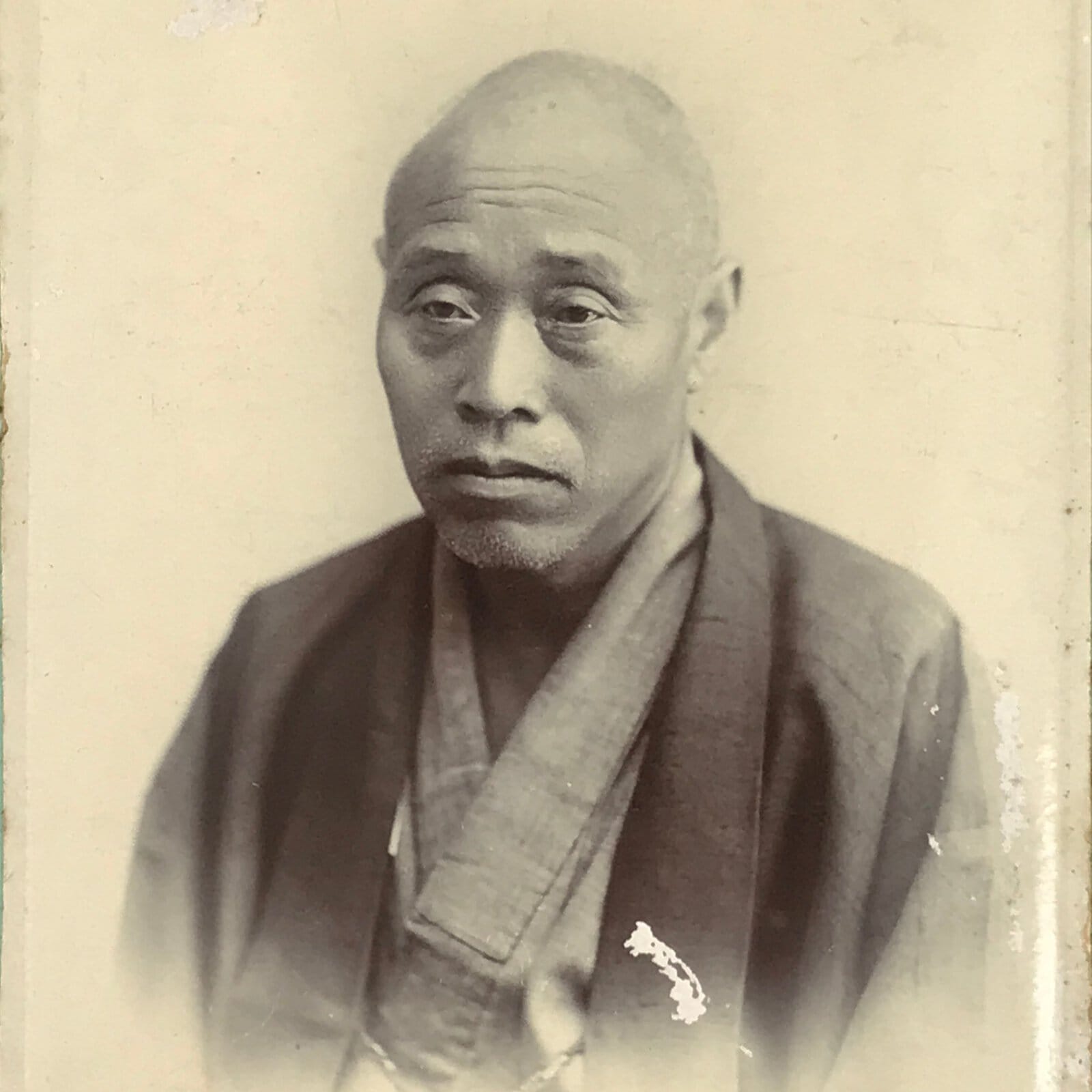 Antique Japanese Meiji Old Man Posed Portrait Photograph Kimono Black White PH48