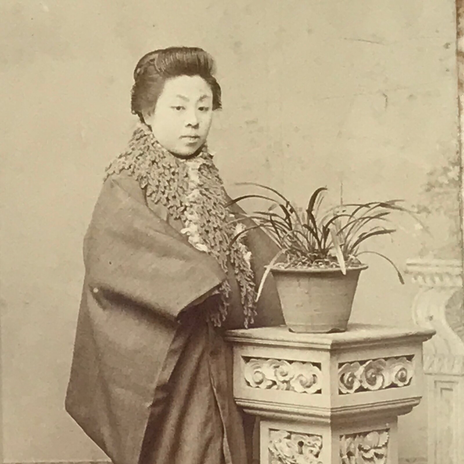 Antique Japanese Meiji Woman Posed Portrait Photograph Kimono Black White PH50