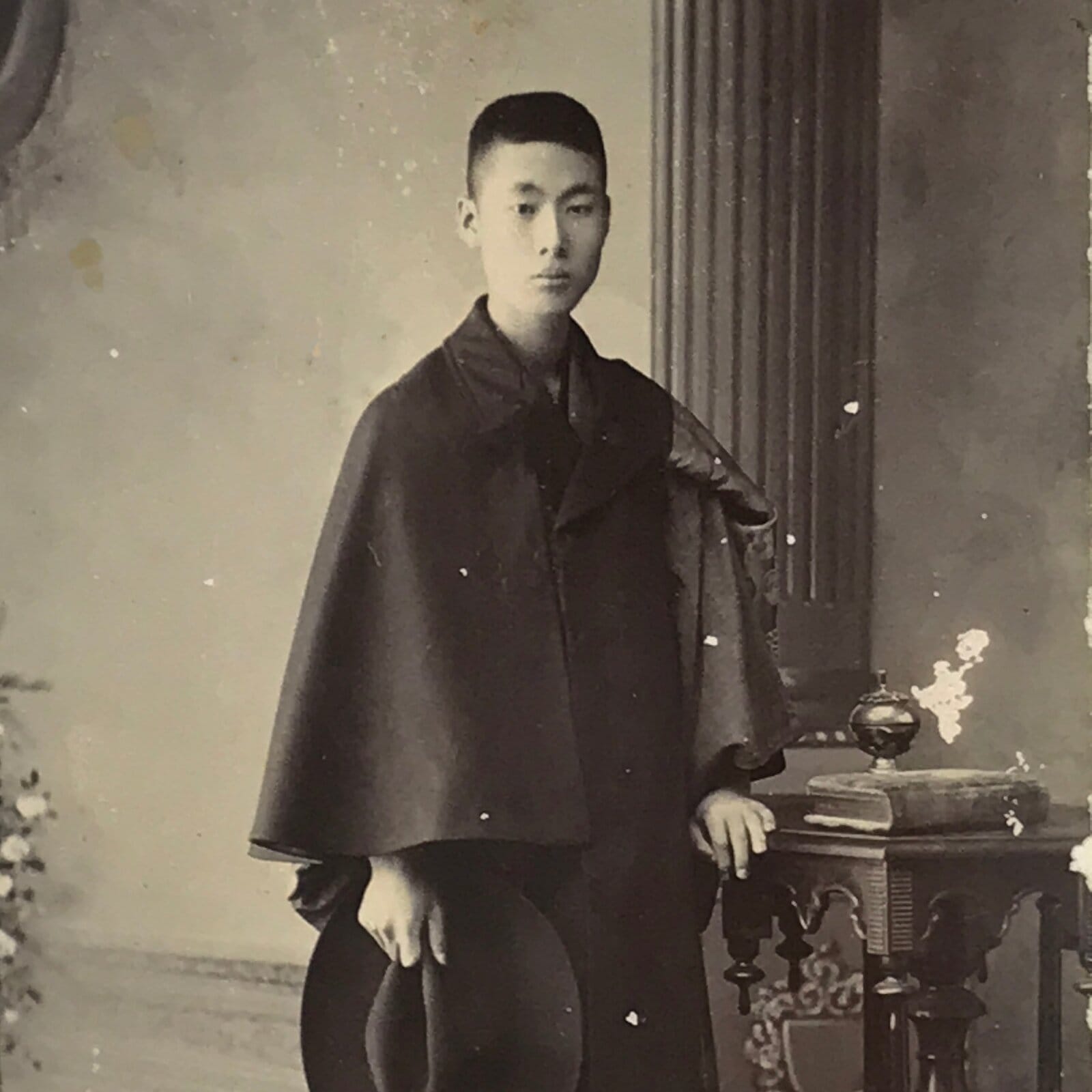 Antique Japanese Meiji Young Man Portrait Photograph Kimono Black White PH55