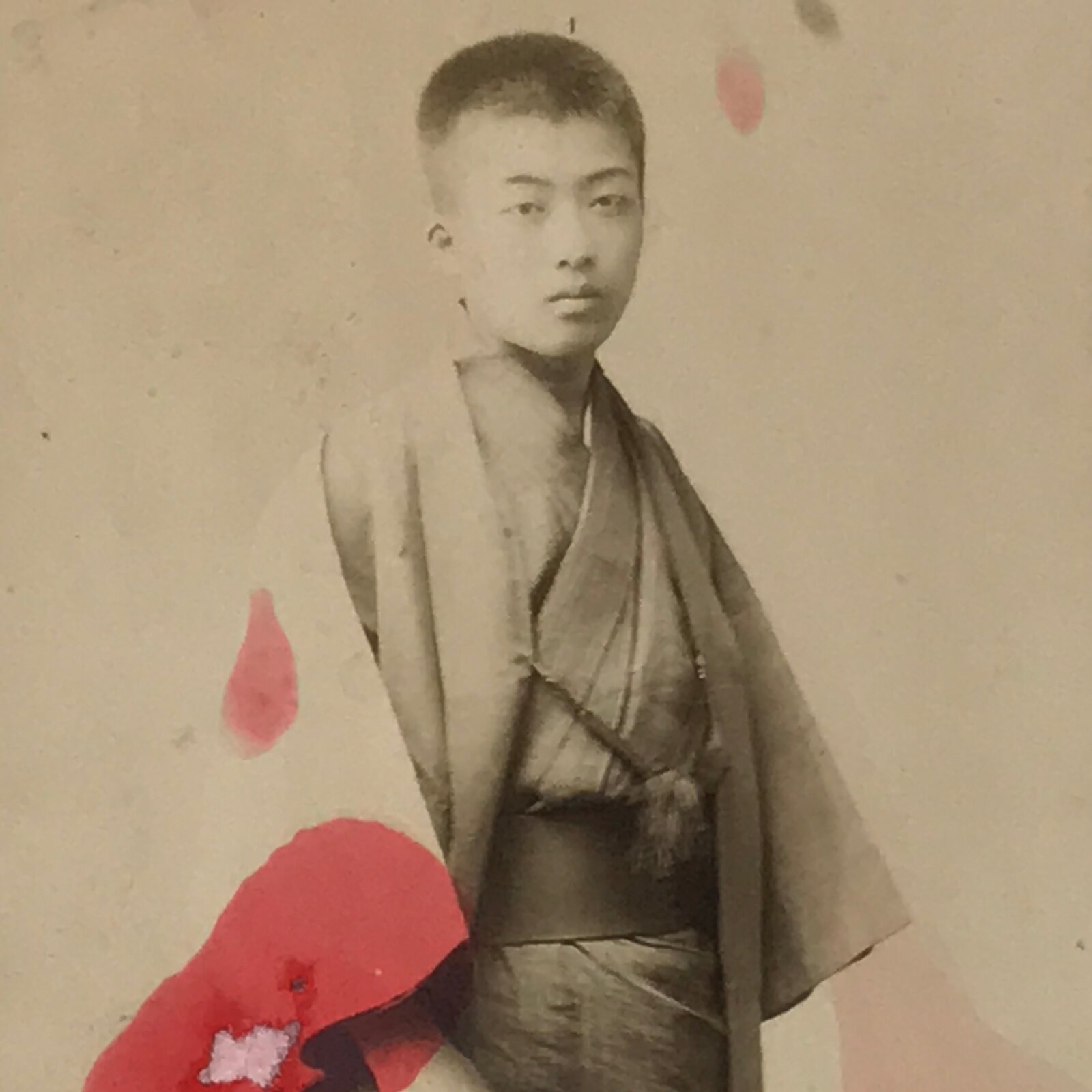 Antique Japanese Meiji Young Man Portrait Photograph Kimono Sepia Tone PH53
