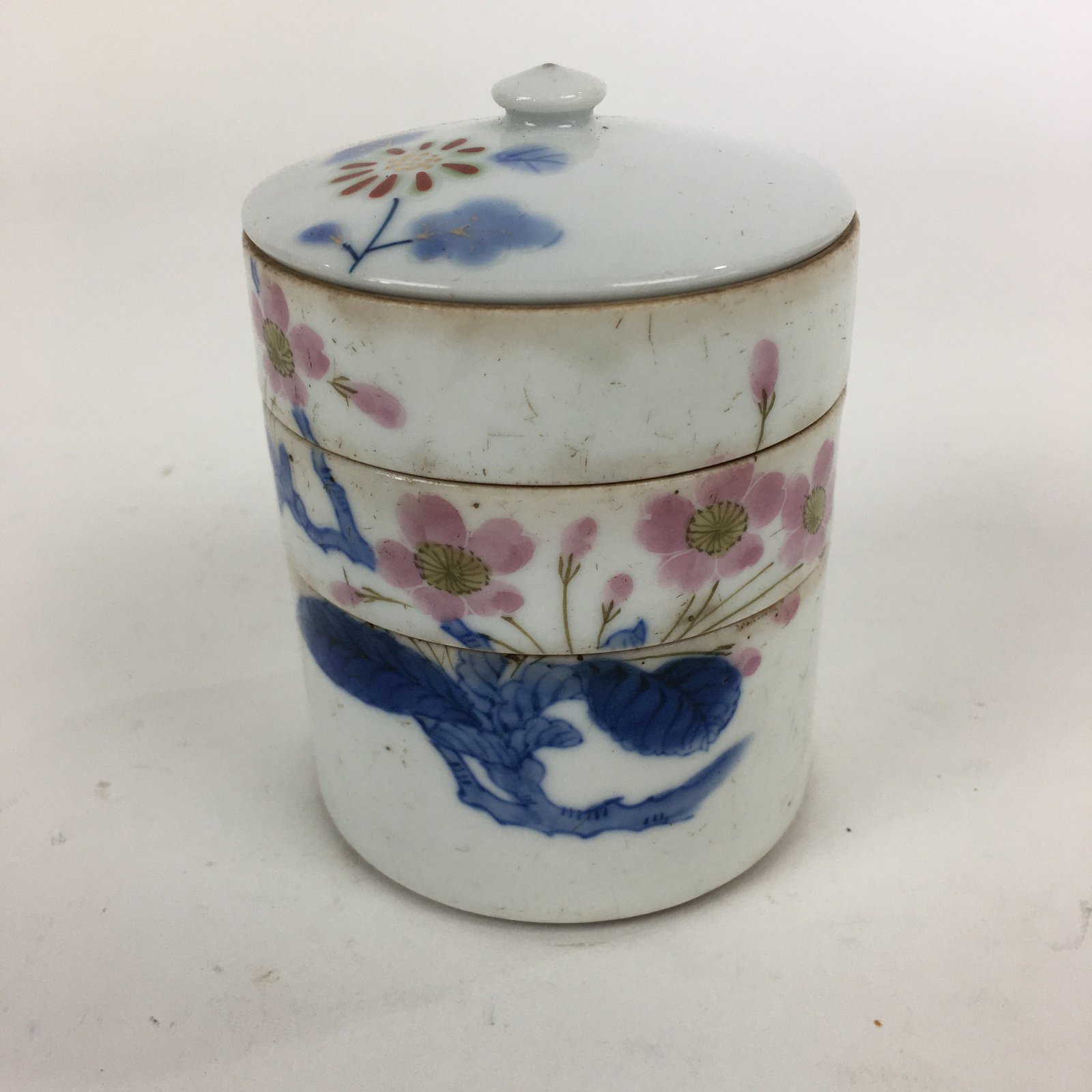 Antique Japanese Porcelain Lidded 3-tiered Bento Box Jubako Sakura Dish PP835