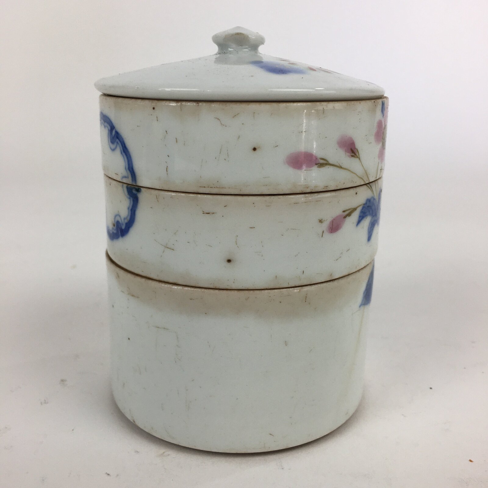 Antique Japanese Porcelain Lidded 3-tiered Bento Box Jubako Sakura Dish PP835
