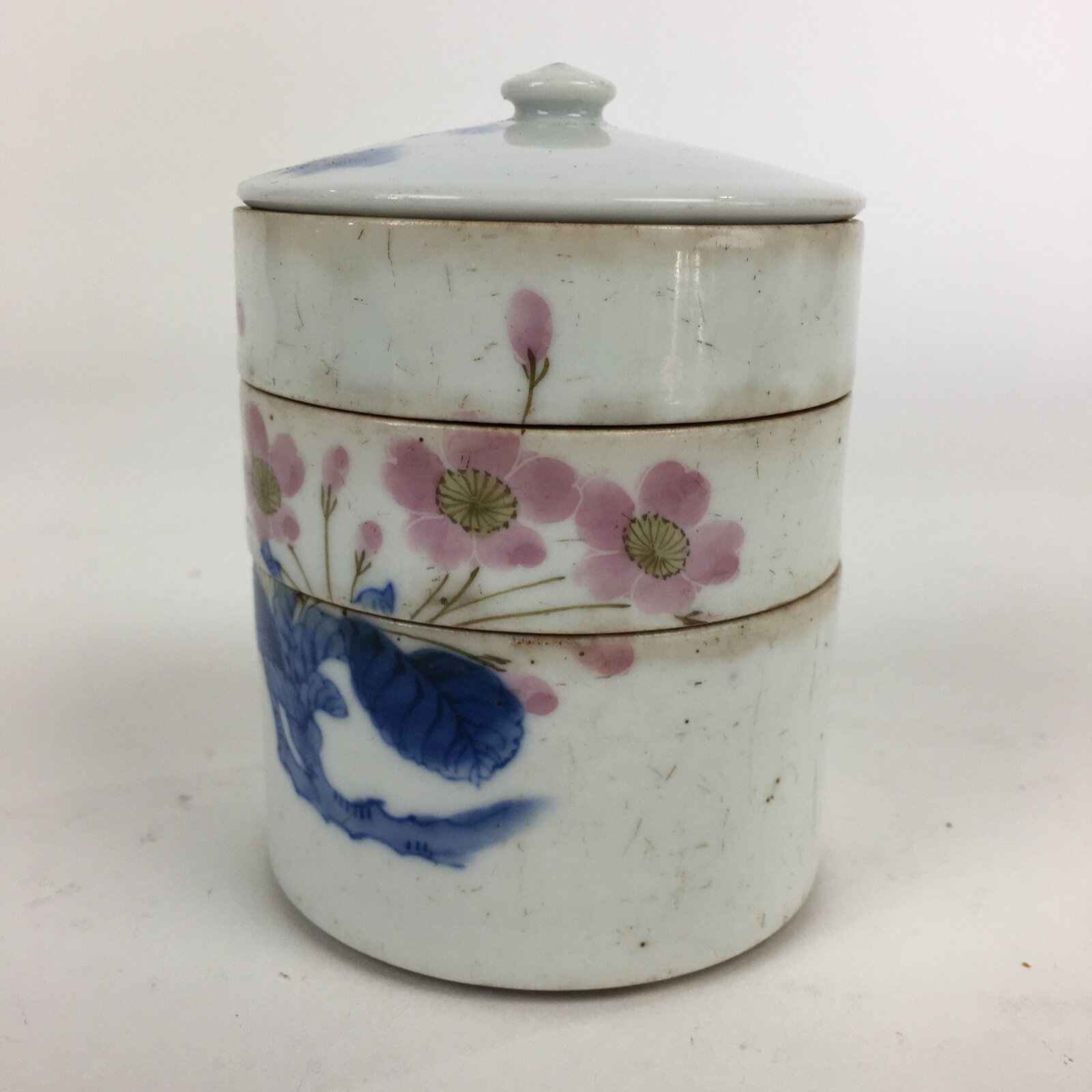 Antique Japanese Porcelain Lidded 3-tiered Bento Box Jubako Sakura Dish PP835