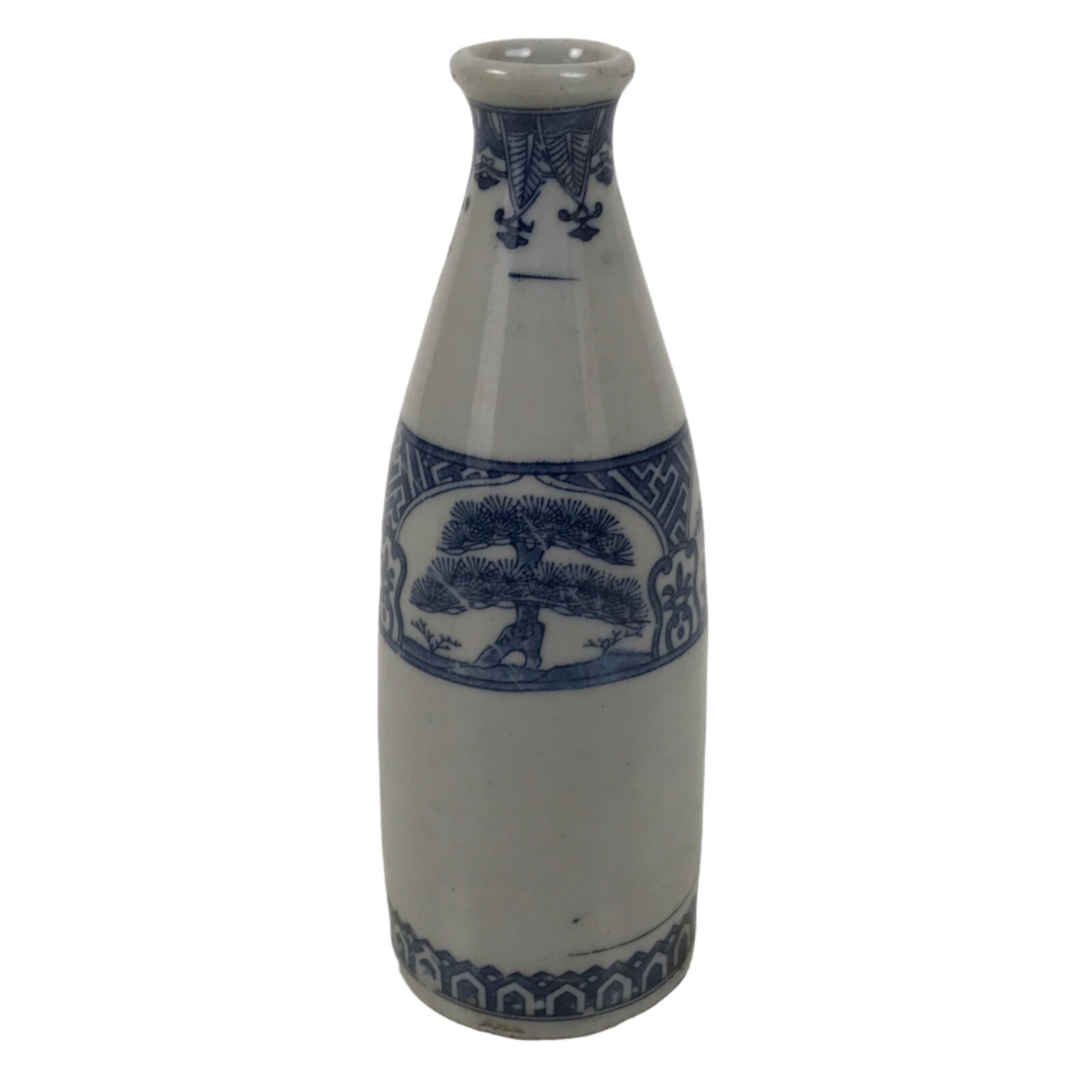 Antique Japanese Porcelain Sake Bottle Tokkuri White Blue Shochikubai Pine TS818