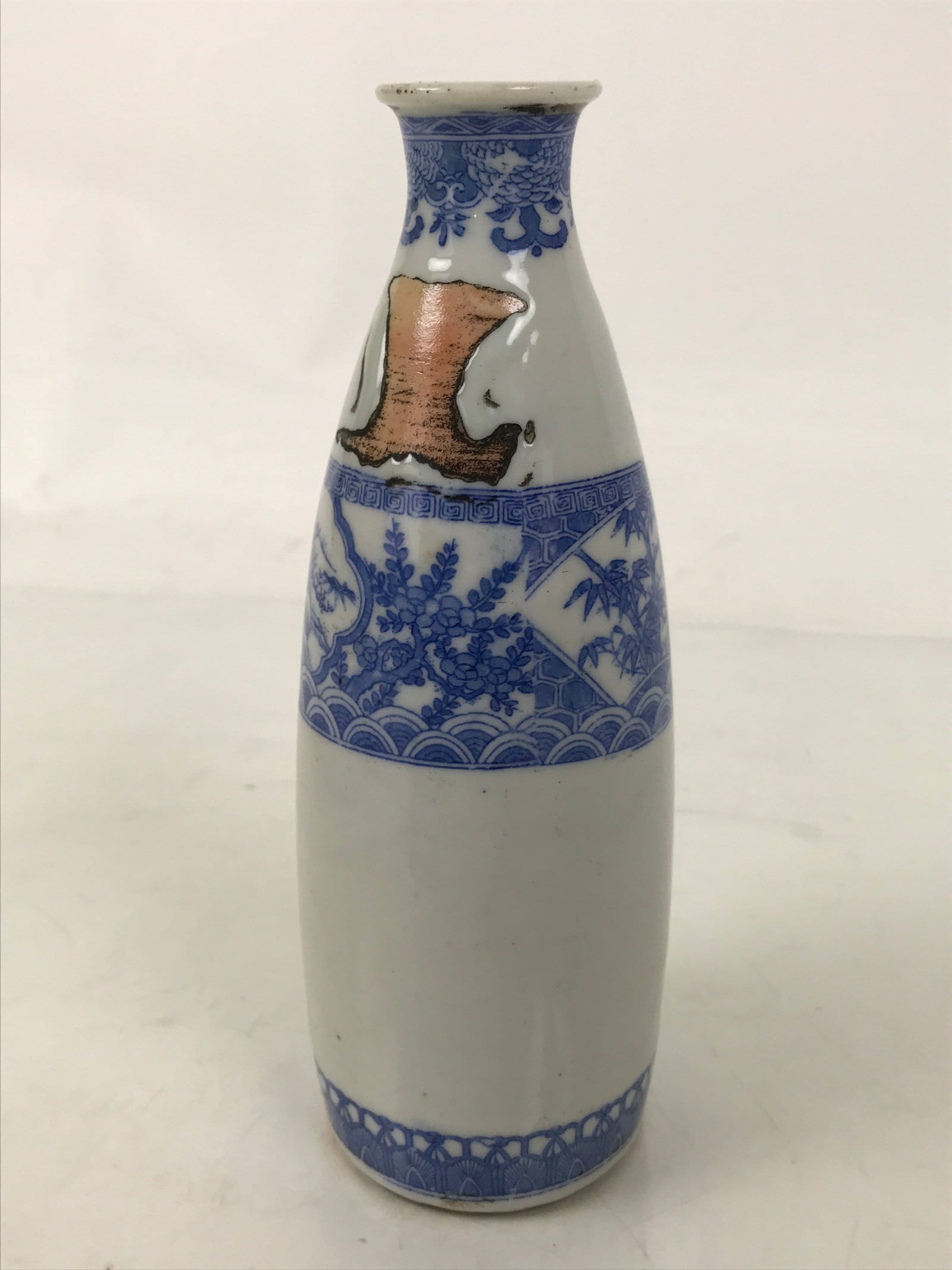 Antique Japanese Porcelain Sake Bottle Tokkuri White Blue Shochikubai Pine TS822