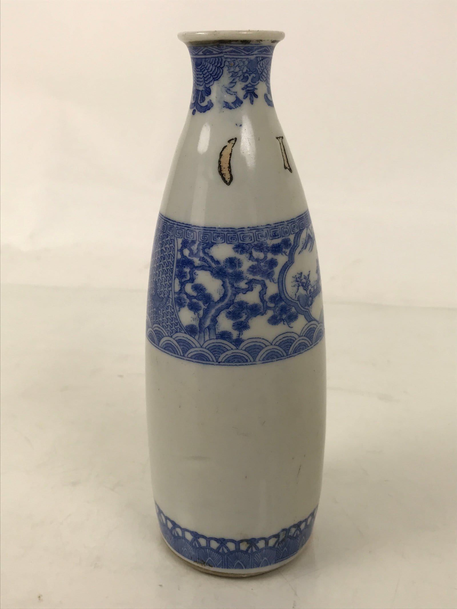 Antique Japanese Porcelain Sake Bottle Tokkuri White Blue Shochikubai Pine TS822