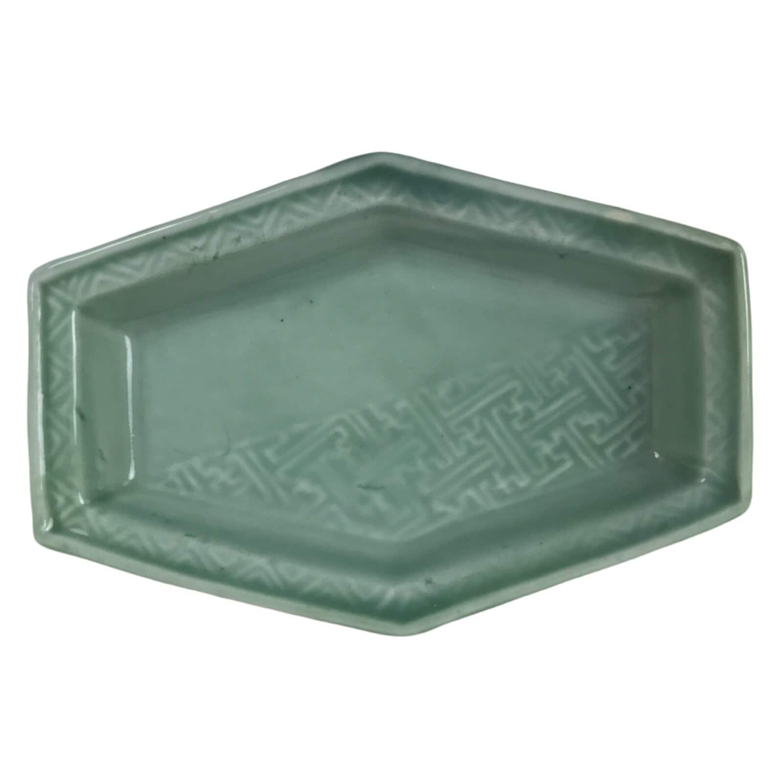 Antique Japanese Porcelain Small Plate Kozara Hexagon Celadon Sayagata Y317
