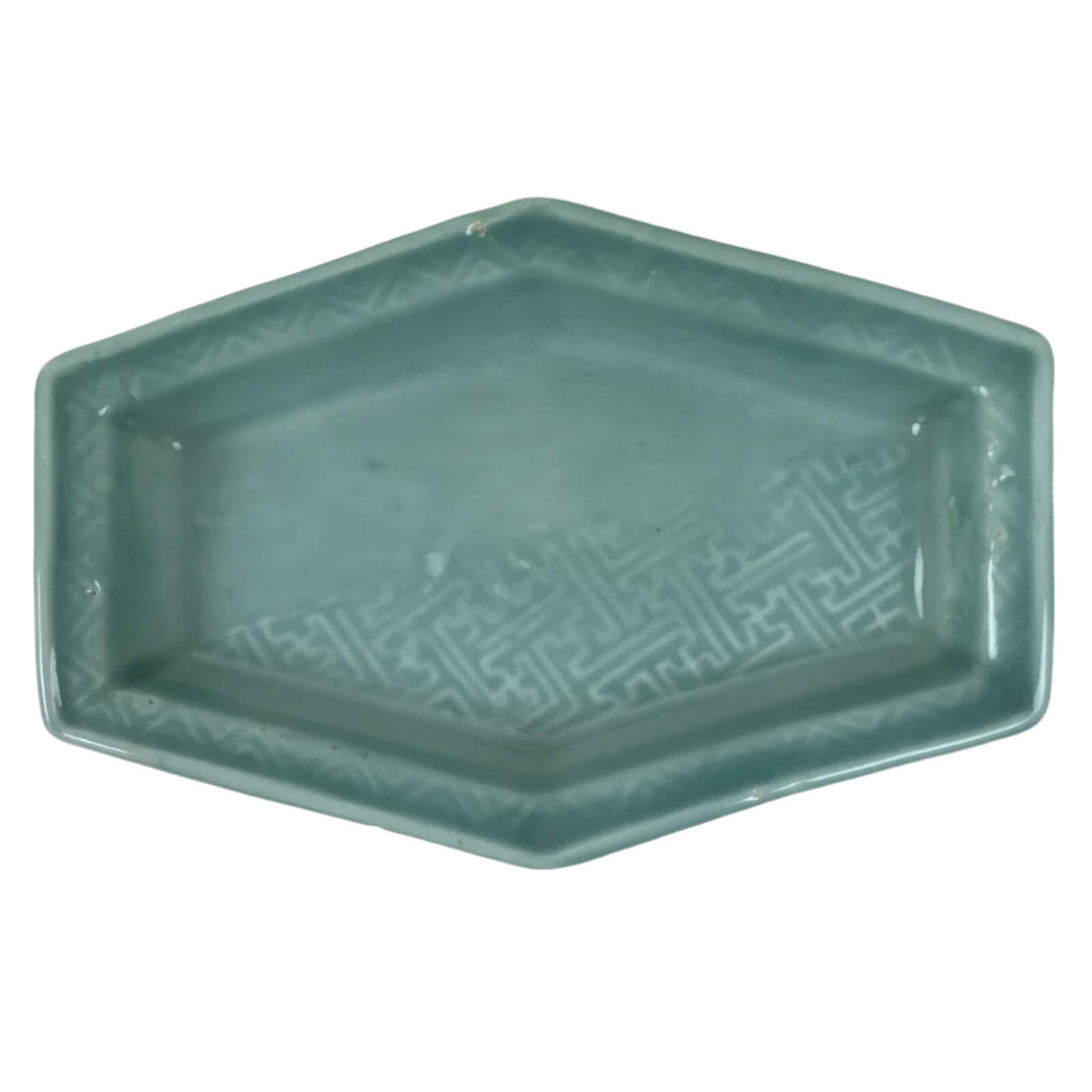 Antique Japanese Porcelain Small Plate Kozara Hexagon Celadon Sayagata Y318
