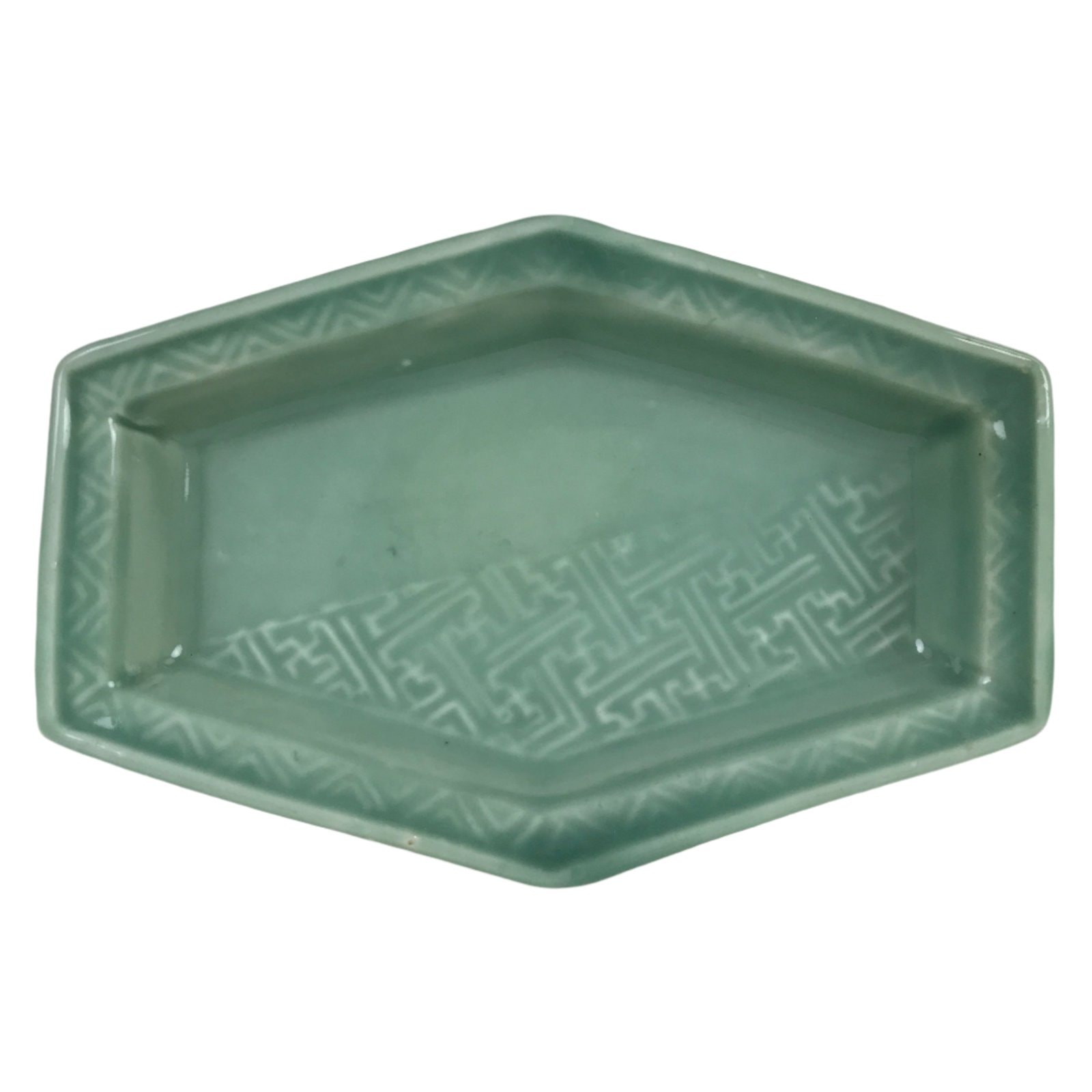 Antique Japanese Porcelain Small Plate Kozara Hexagon Celadon Sayagata Y322