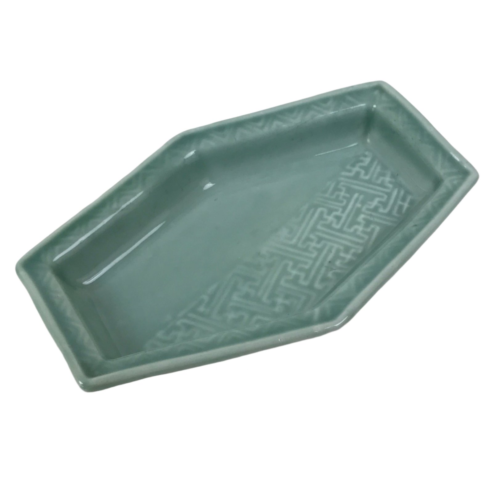 Antique Japanese Porcelain Small Plate Kozara Hexagon Celadon Sayagata Y325