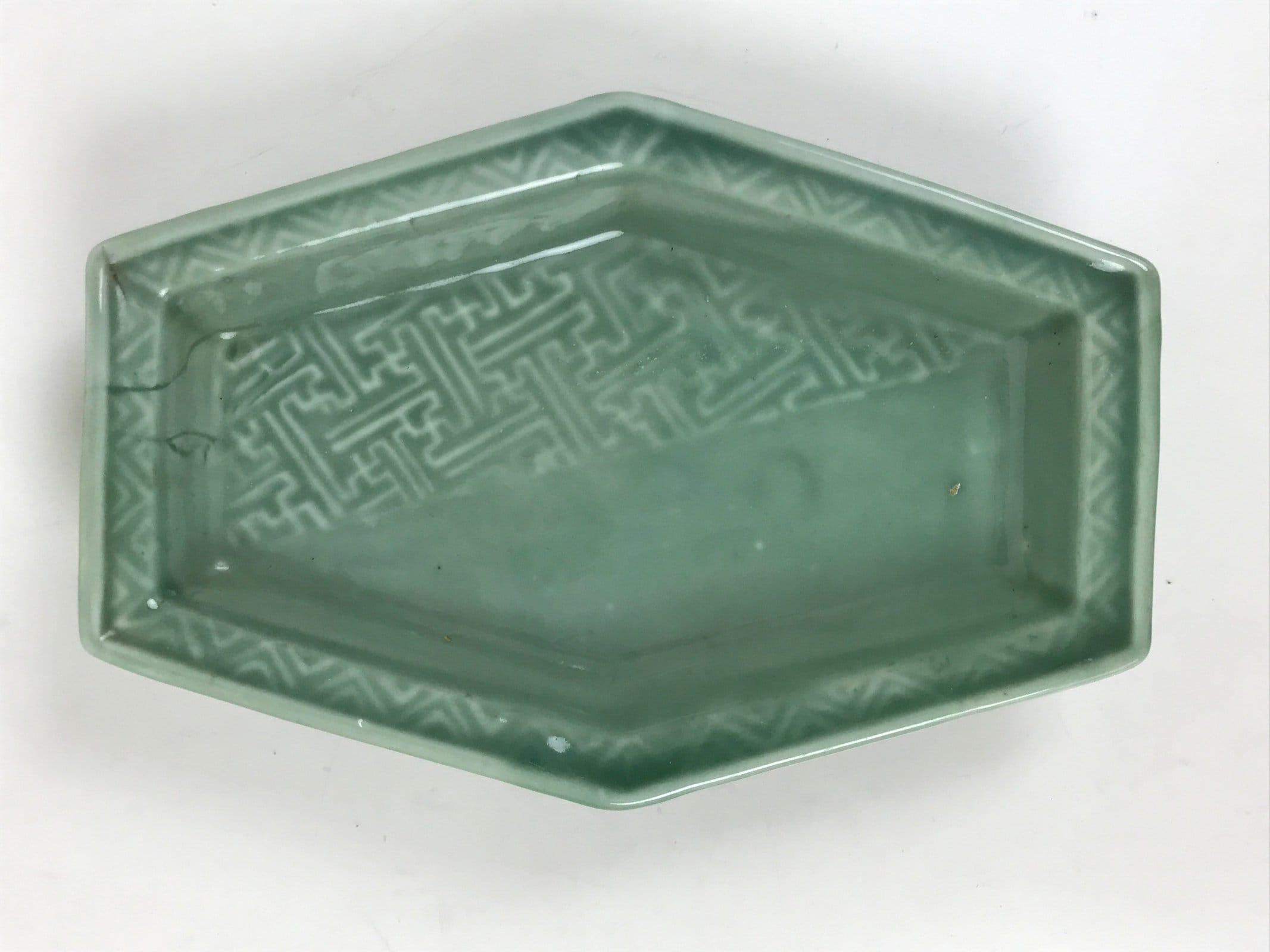Antique Japanese Porcelain Small Plate Kozara Hexagon Celadon Sayagata Y326