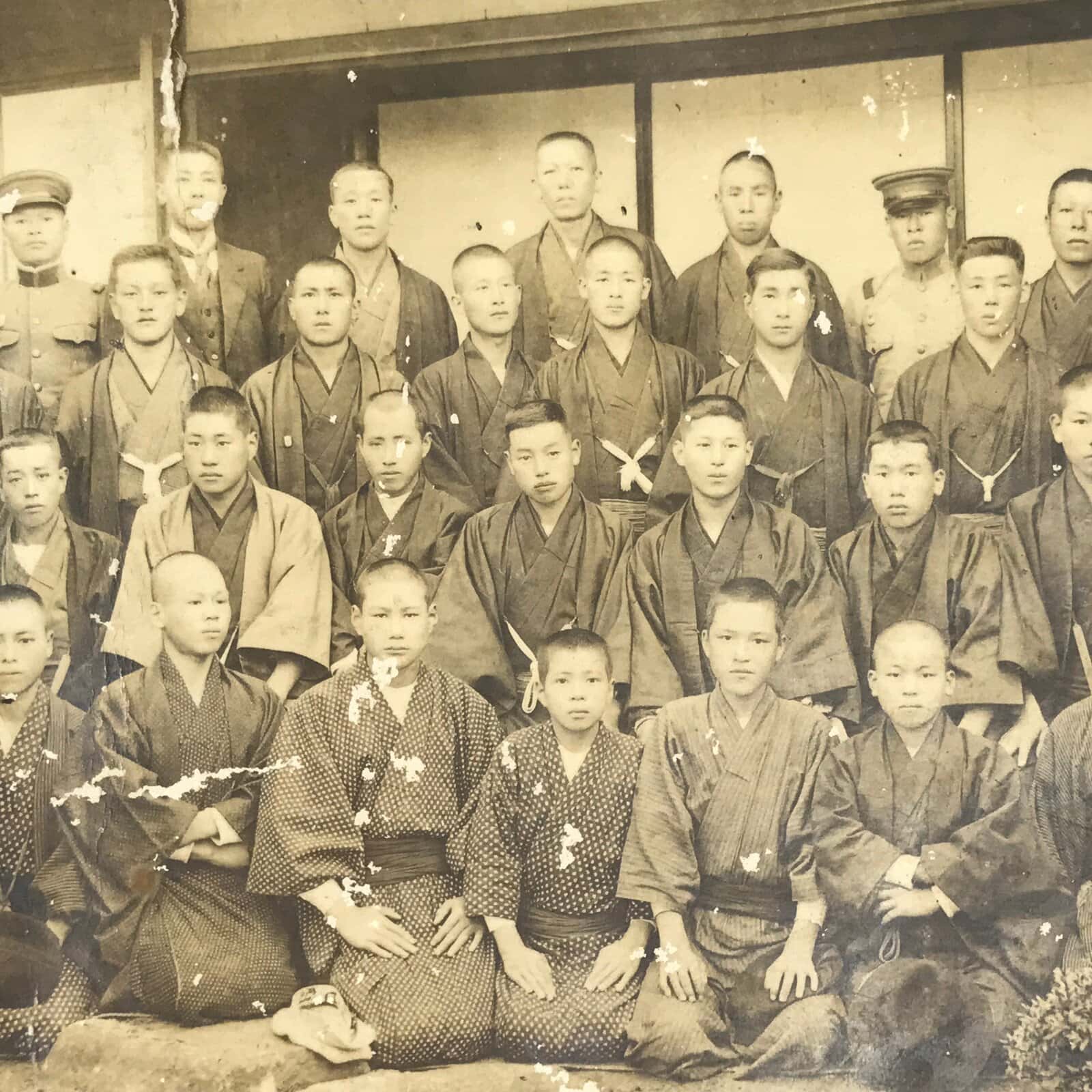 Antique Japanese Taisho C1921 Boys School Group Photograph Kimono Sepia PH89
