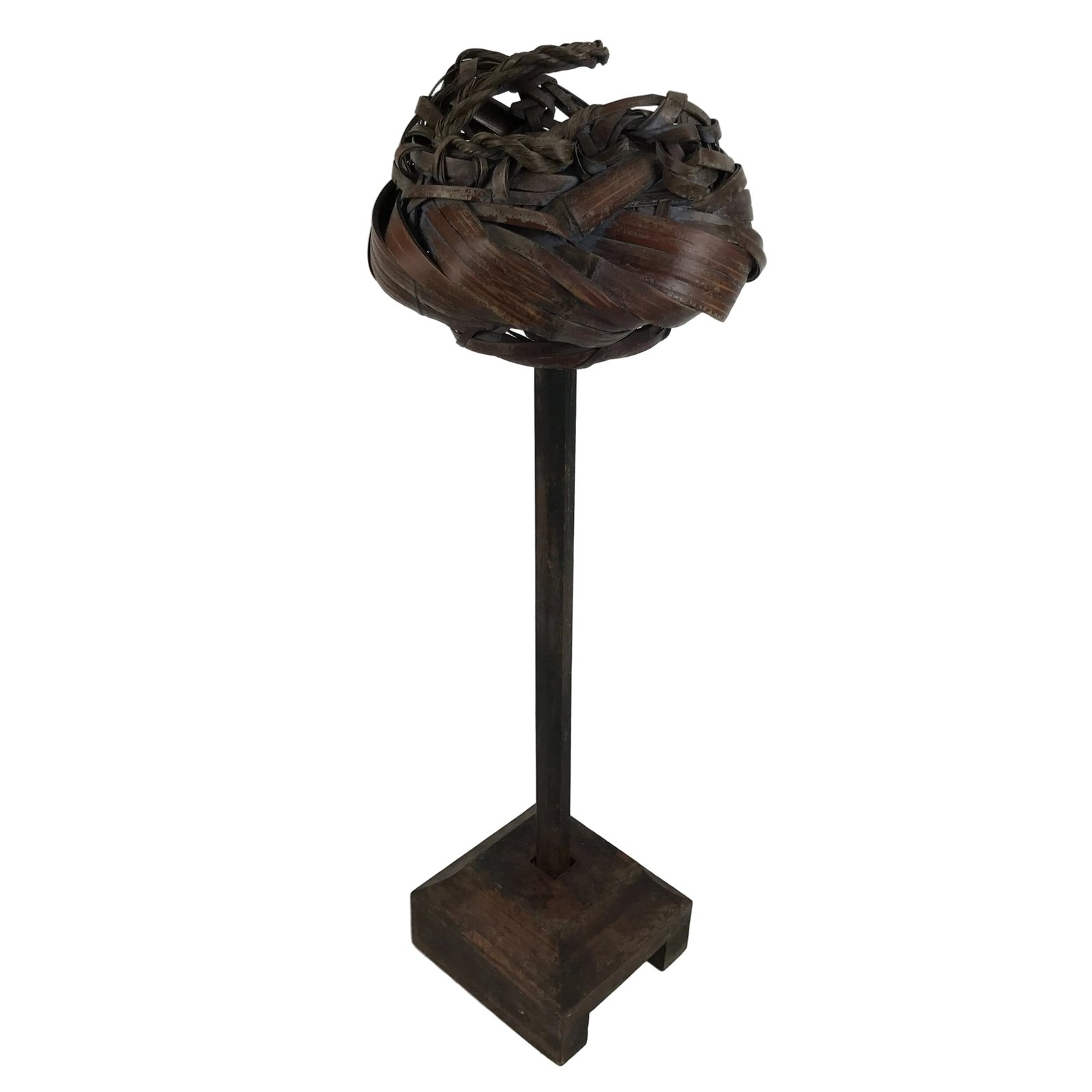 Antique Japanese Wooden Candle Stand Shokudai Woven Basket Metal Cup JK937