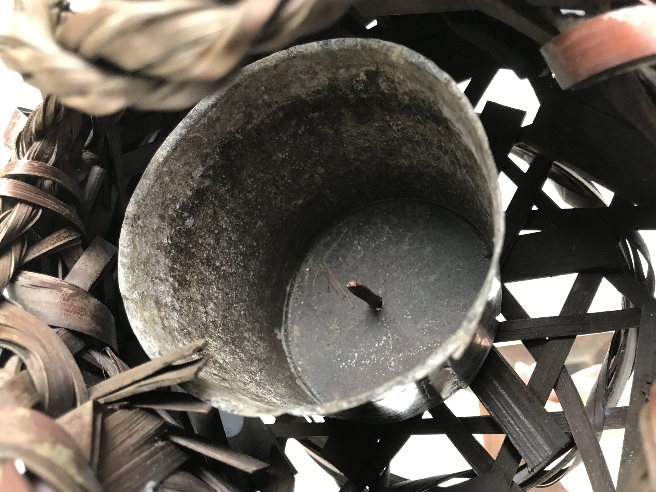 Antique Japanese Wooden Candle Stand Shokudai Woven Basket Metal Cup JK937