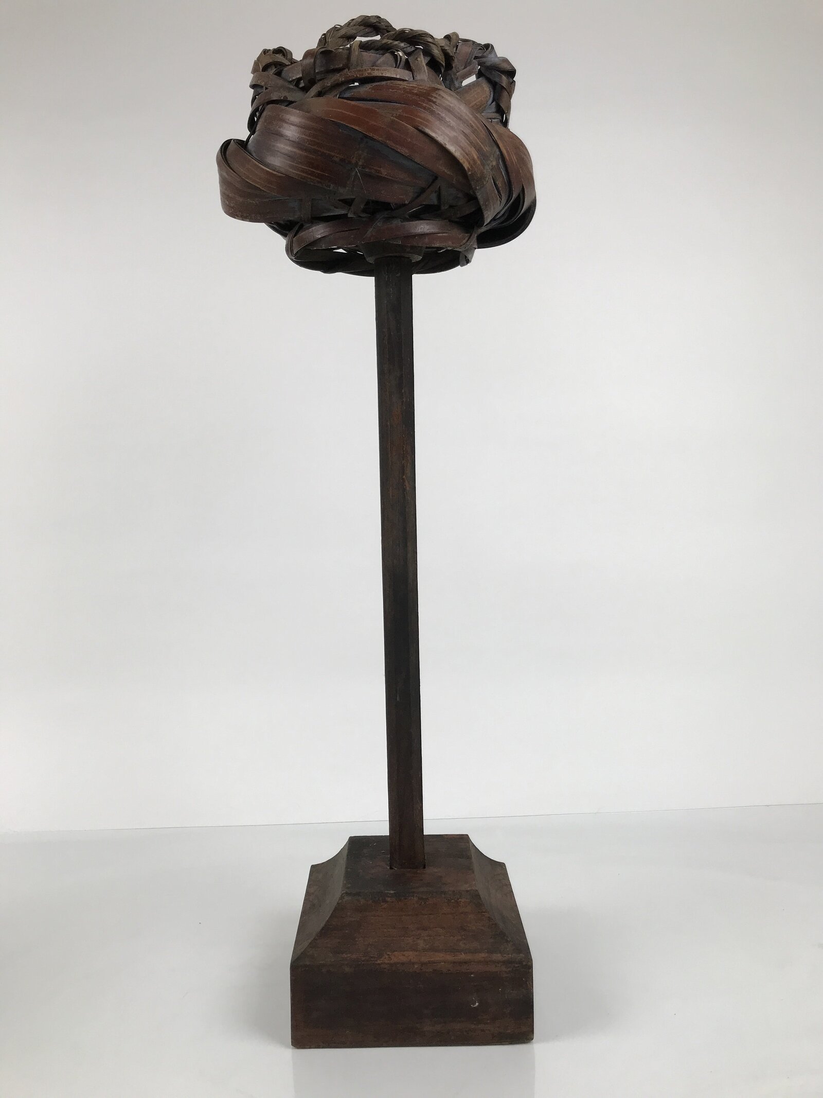 Antique Japanese Wooden Candle Stand Shokudai Woven Basket Metal Cup JK937