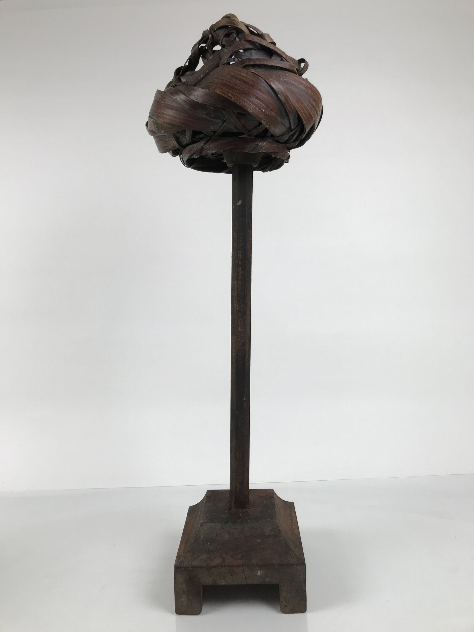 Antique Japanese Wooden Candle Stand Shokudai Woven Basket Metal Cup JK937