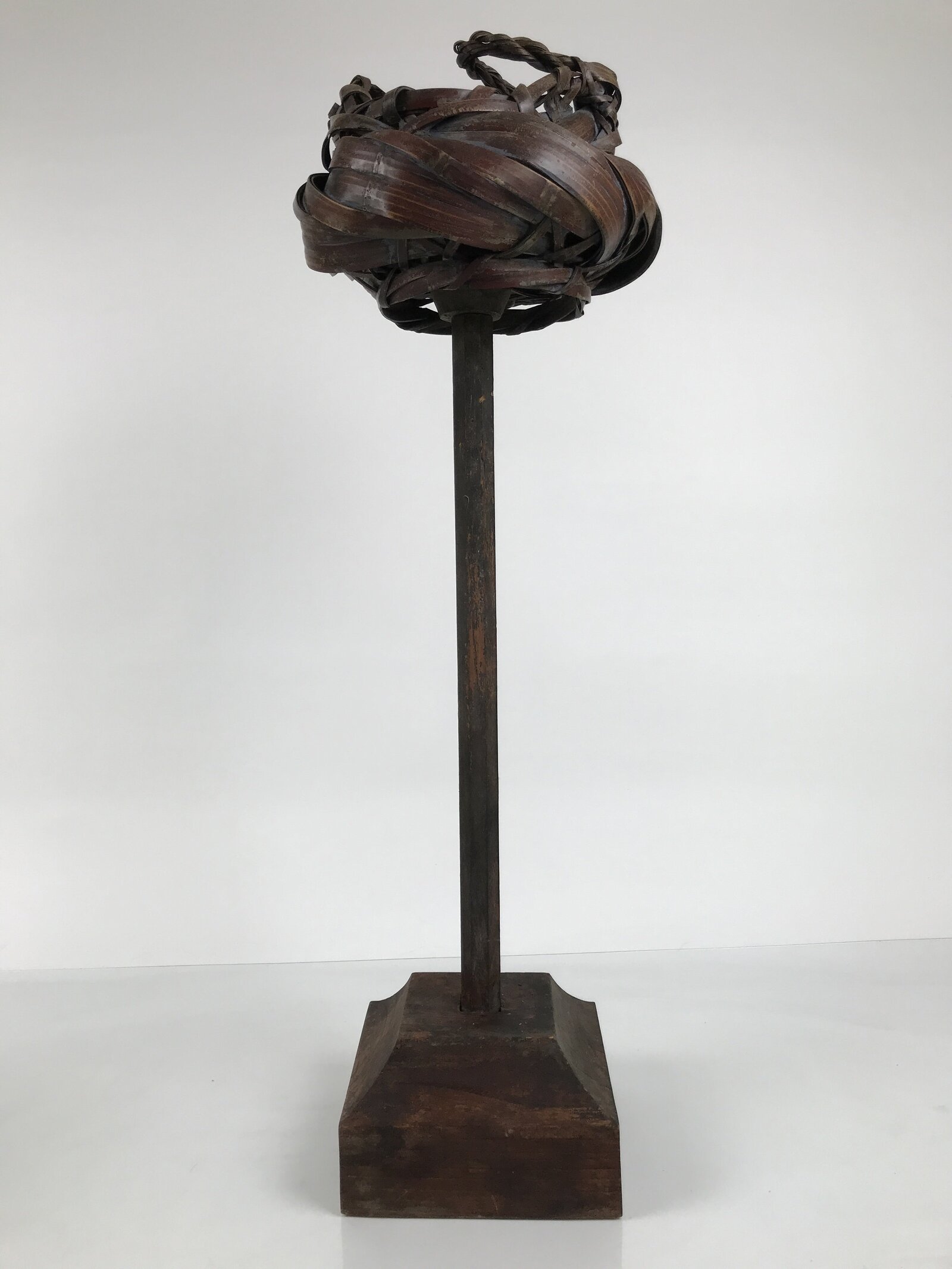 Antique Japanese Wooden Candle Stand Shokudai Woven Basket Metal Cup JK937