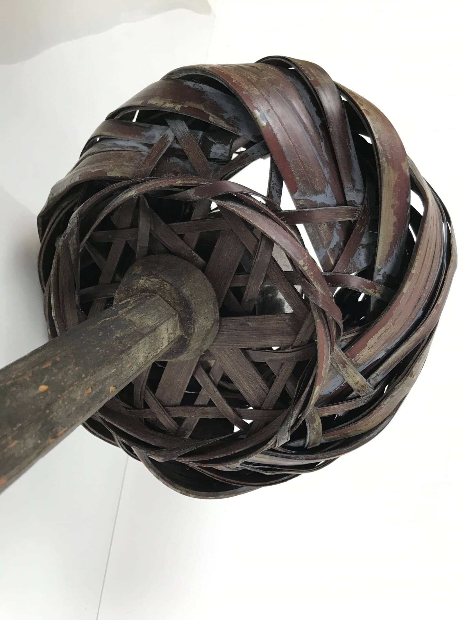 Antique Japanese Wooden Candle Stand Shokudai Woven Basket Metal Cup JK937