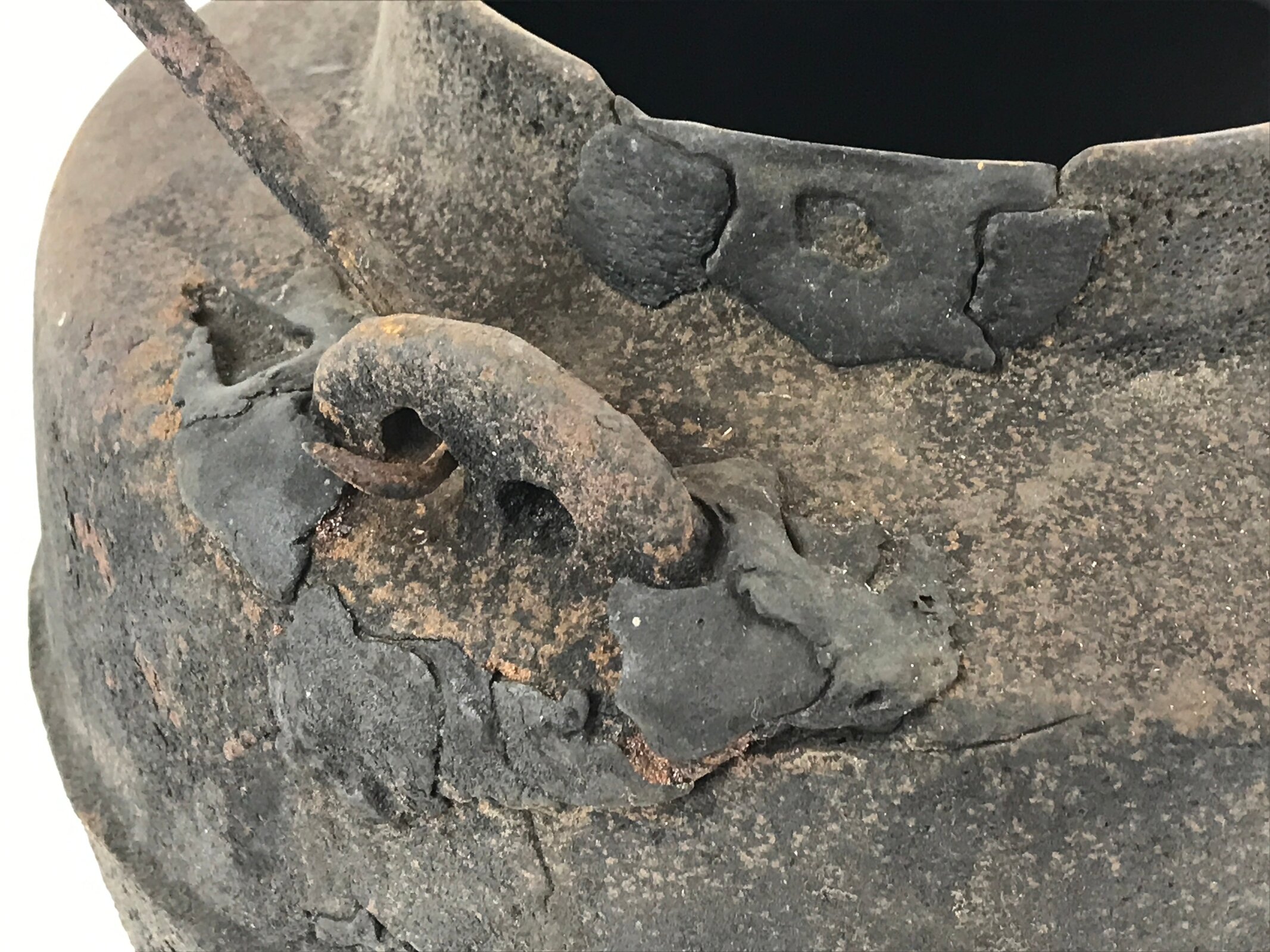 Antique Meiji Era Japanese Cast Iron Hanging Cook Pot Black Irori Hearth C25