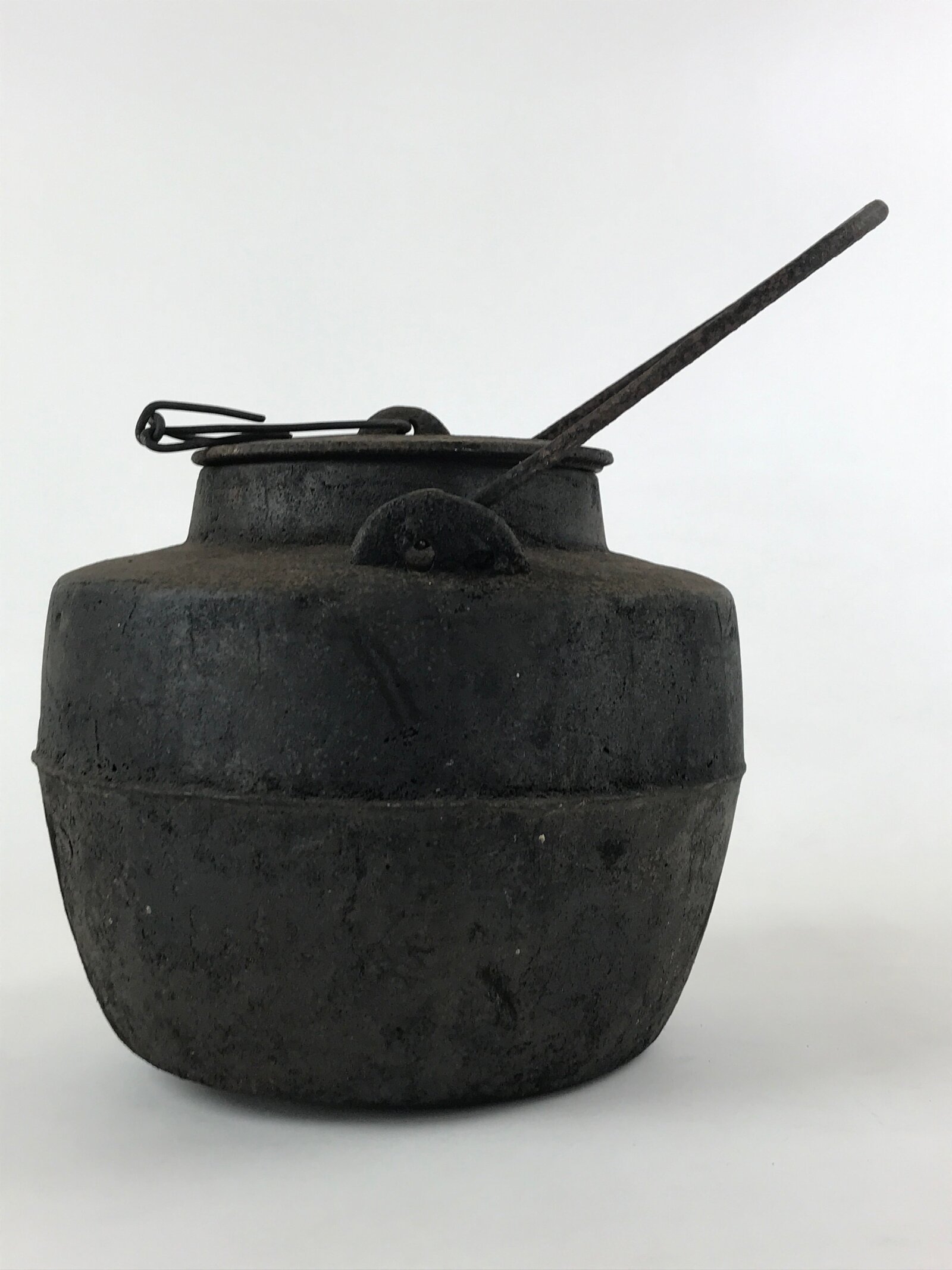 Antique Meiji Era Japanese Cast Iron Hanging Cook Pot Black Irori Hearth C25
