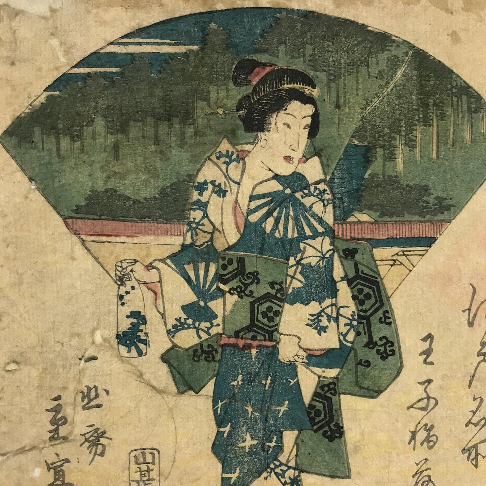 Antique c1850 Japanese Ukiyoe Woodblock Print Shigenobu Utagawa Edo Meisho FL229