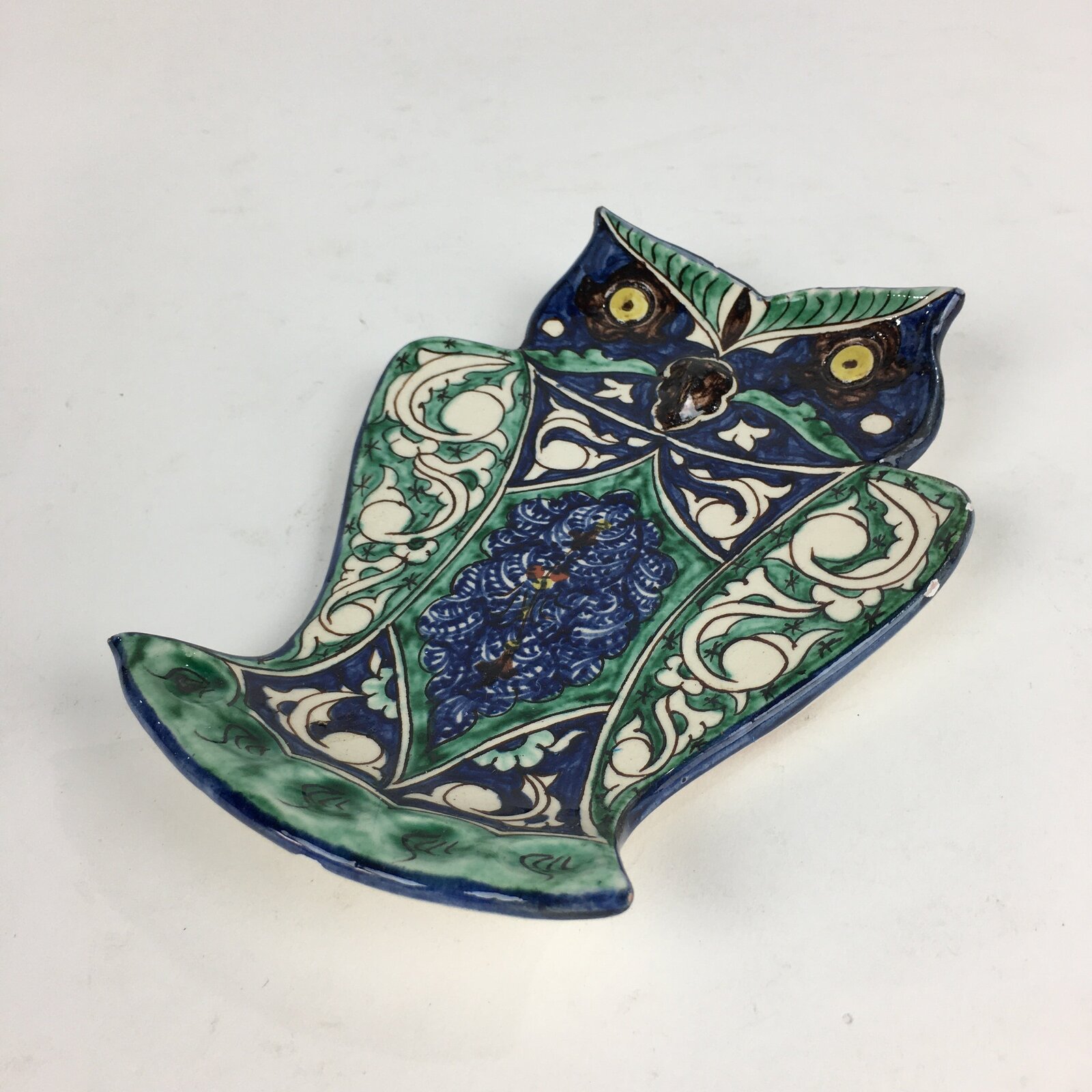 Ceramic Wall Hanging Plate Vtg Owl Yakimono Ornament Green Blue From Japan JK344