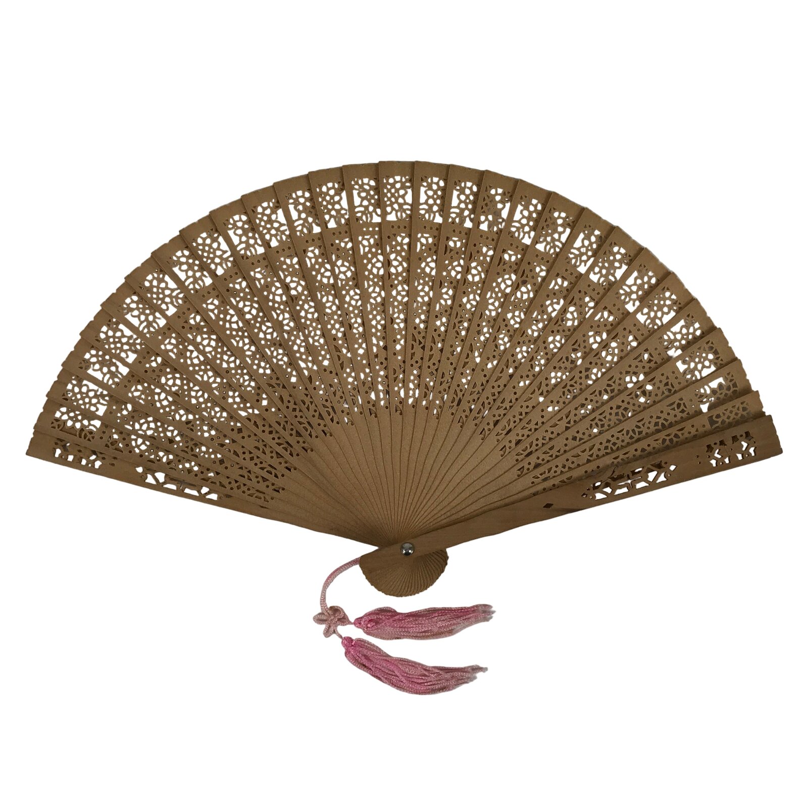Chinese Carved Sandalwood Folding Fan Sensu Vtg Floral Cutout Pink Tassel 4D895