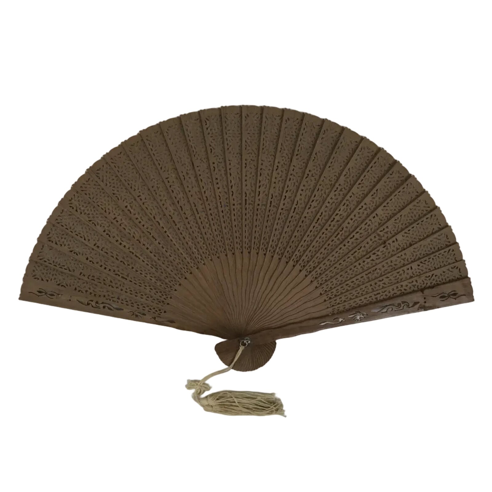 Chinese Carved Sandalwood Folding Fan Sensu Vtg Floral Pattern White Tassel 5D22