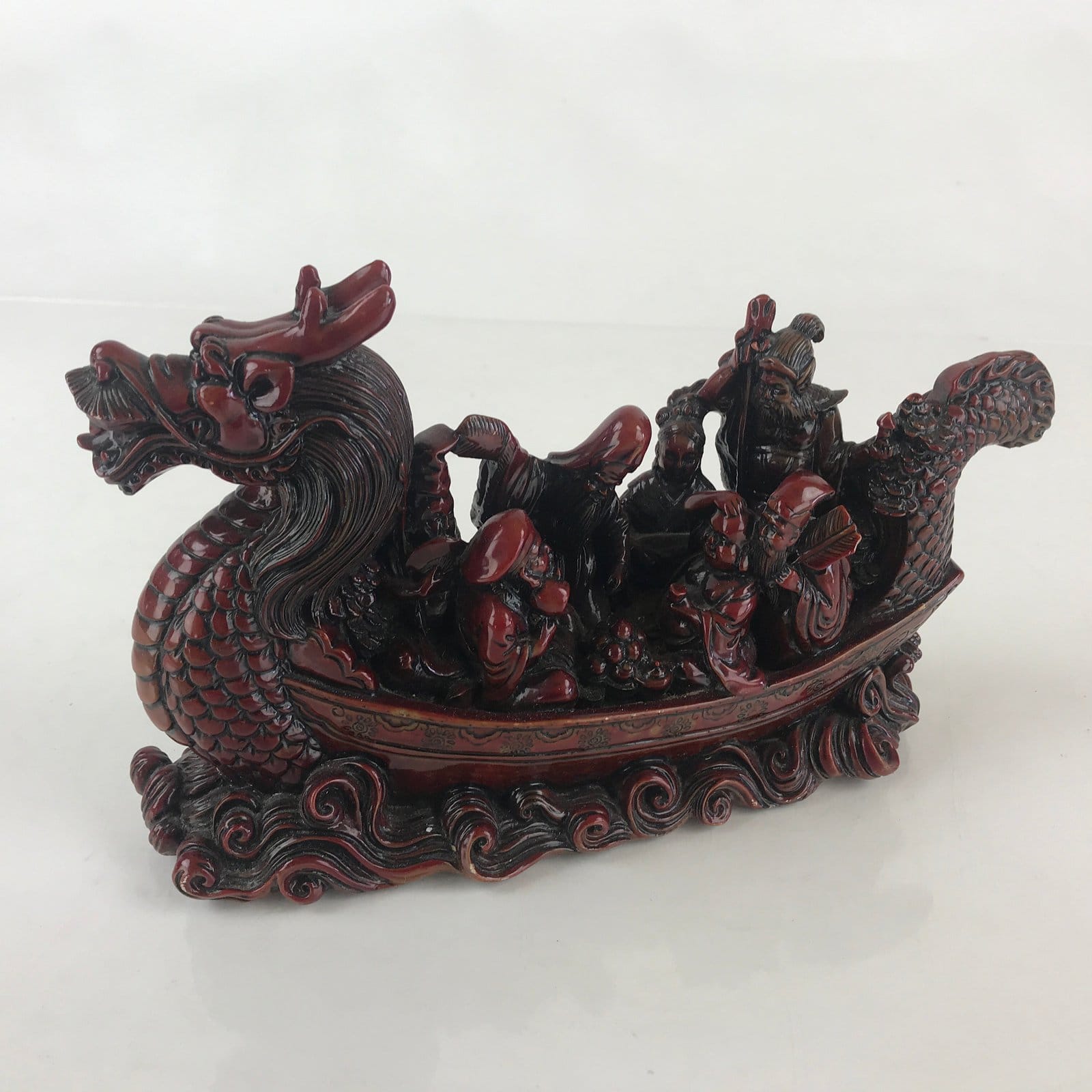 Chinese Figurine 7 Lucky Gods Dragon Treasure Ship Vtg Lucky Charm Red BD858