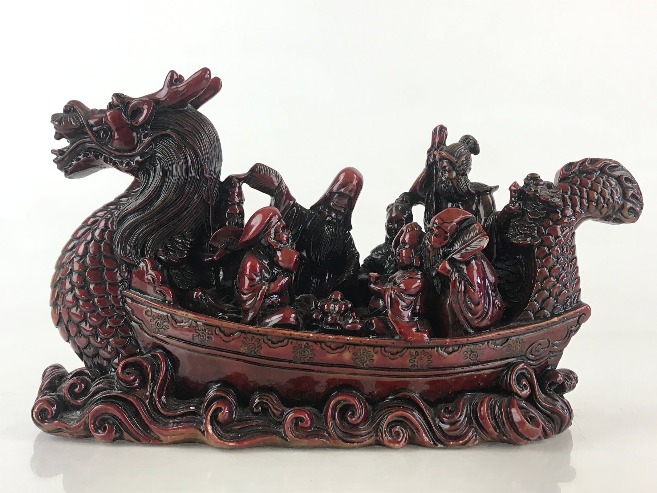 Chinese Figurine 7 Lucky Gods Dragon Treasure Ship Vtg Lucky Charm Red BD858