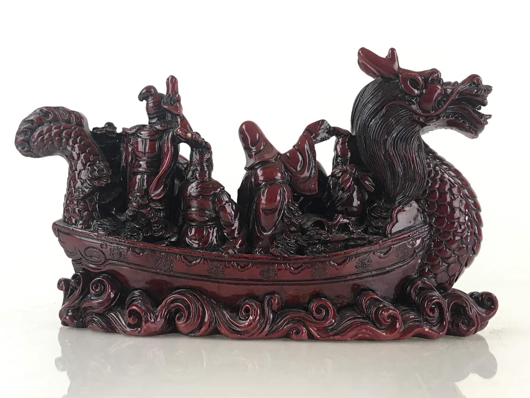 Chinese Figurine 7 Lucky Gods Dragon Treasure Ship Vtg Lucky Charm Red BD858