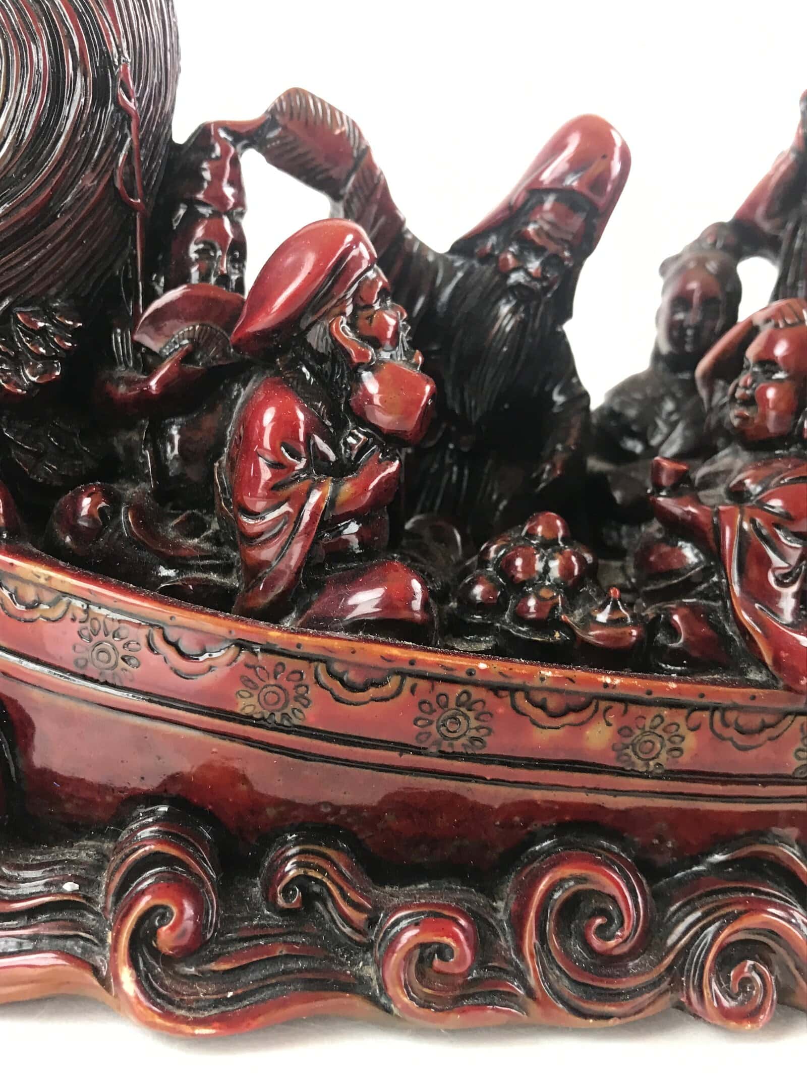 Chinese Figurine 7 Lucky Gods Dragon Treasure Ship Vtg Lucky Charm Red BD858
