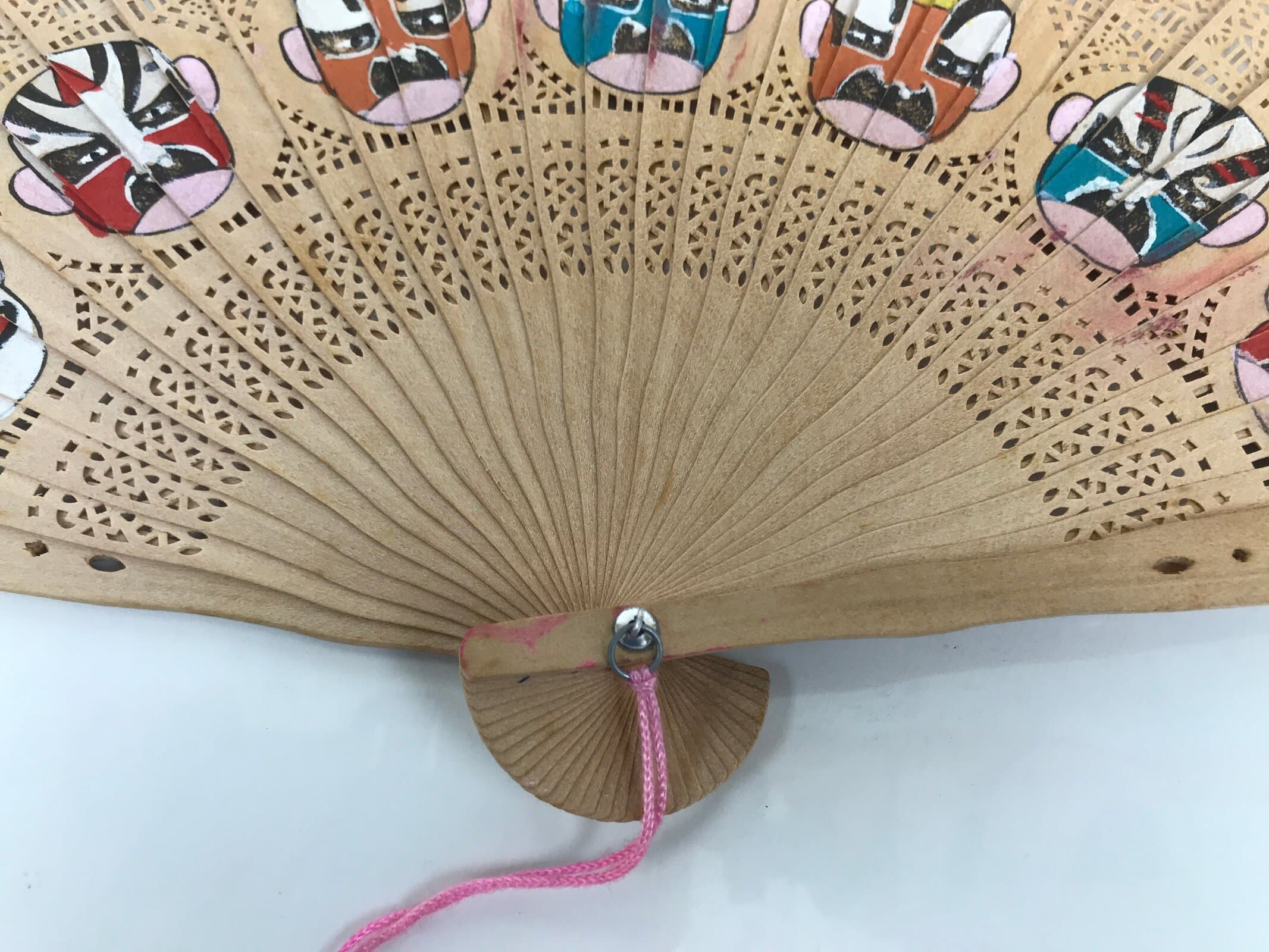 Chinese Folding Fan Sensu Vtg Beijing Opera Color Masks Sandalwood Boxed 4D924