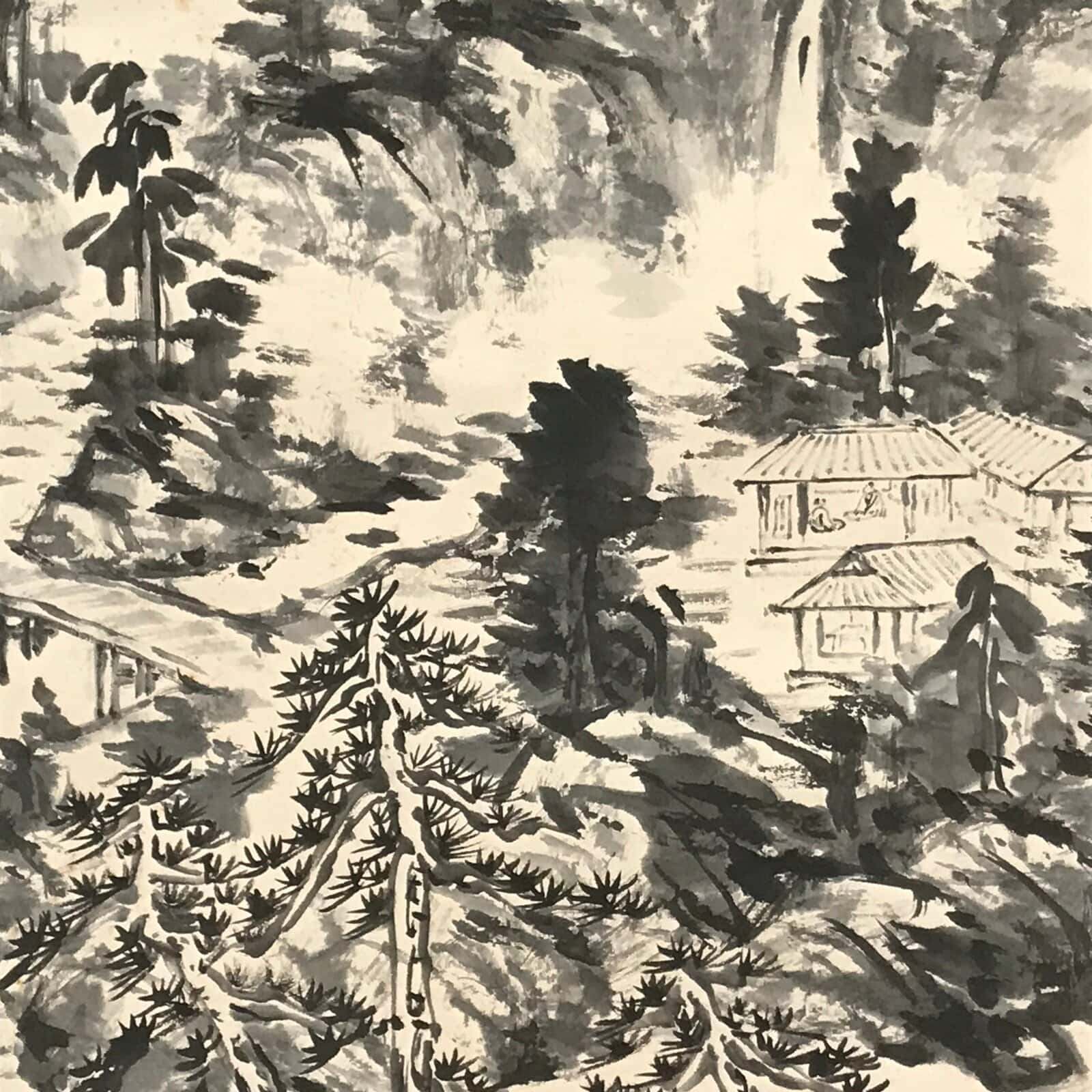 Chinese Hanging Scroll Kakejiku Vtg Mountain Tree River Houses Black KJ125