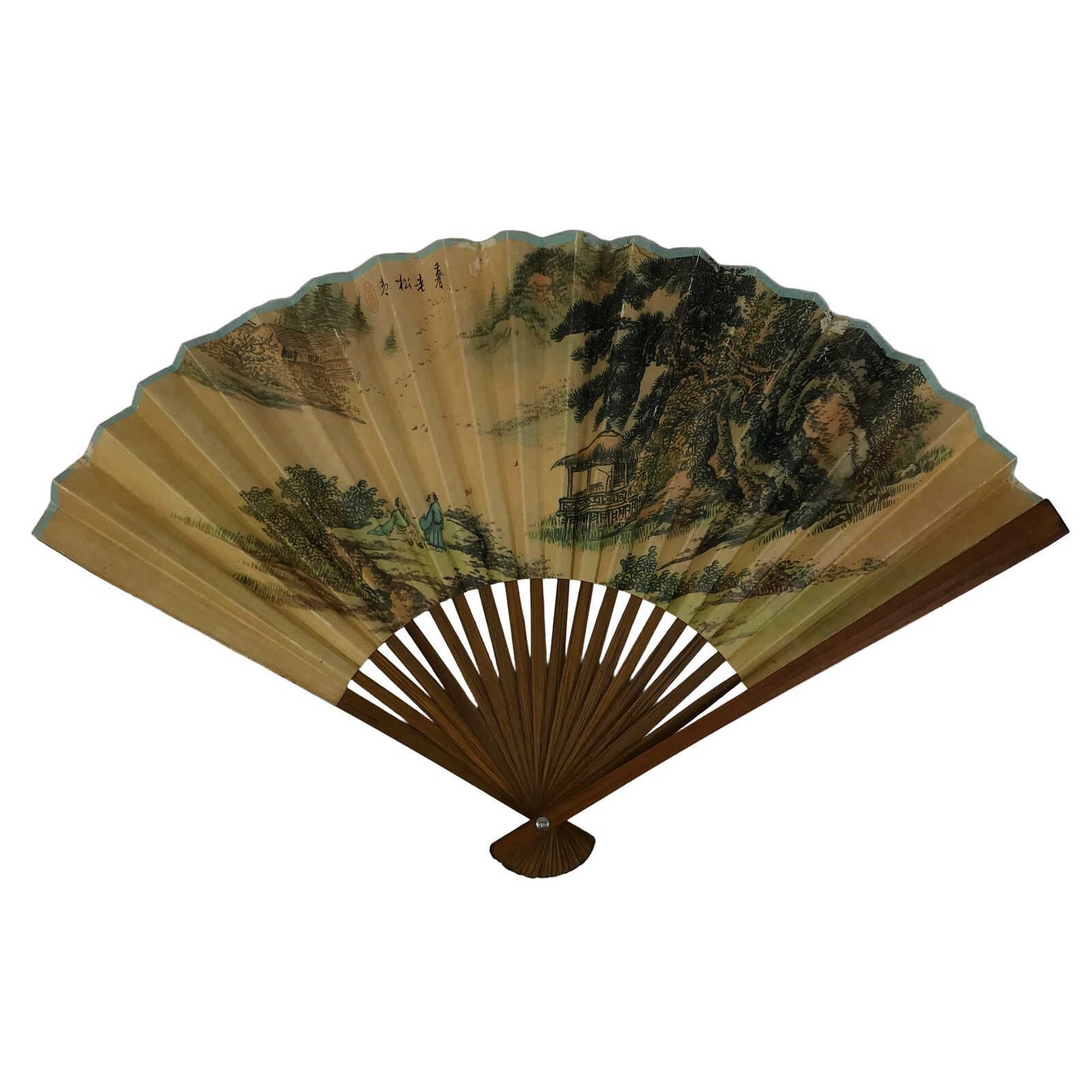 Chinese Paper Folding Fan Sensu Vtg Bamboo Frame Calligraphy House Trees 4D941
