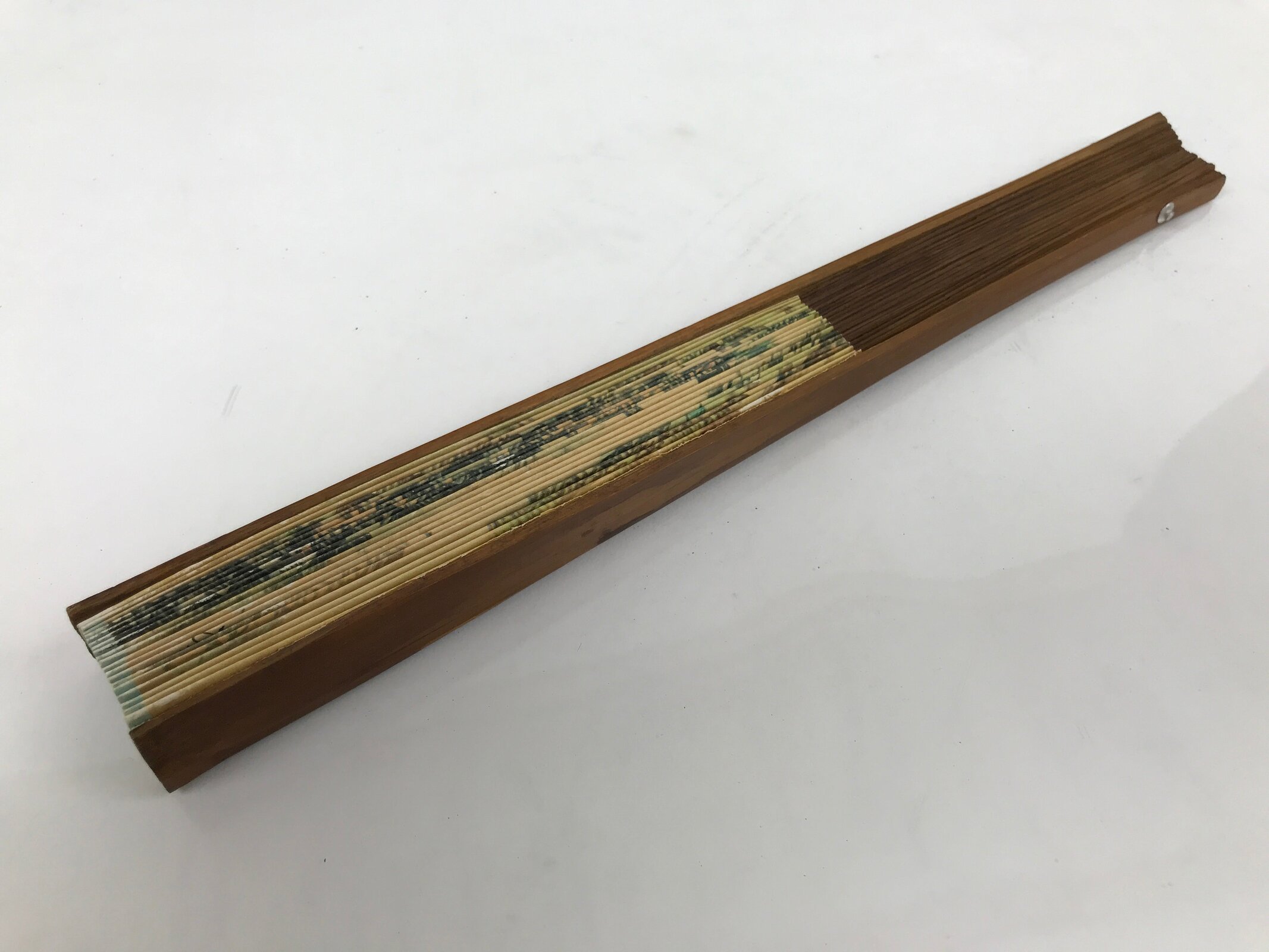 Chinese Paper Folding Fan Sensu Vtg Bamboo Frame Calligraphy House Trees 4D941