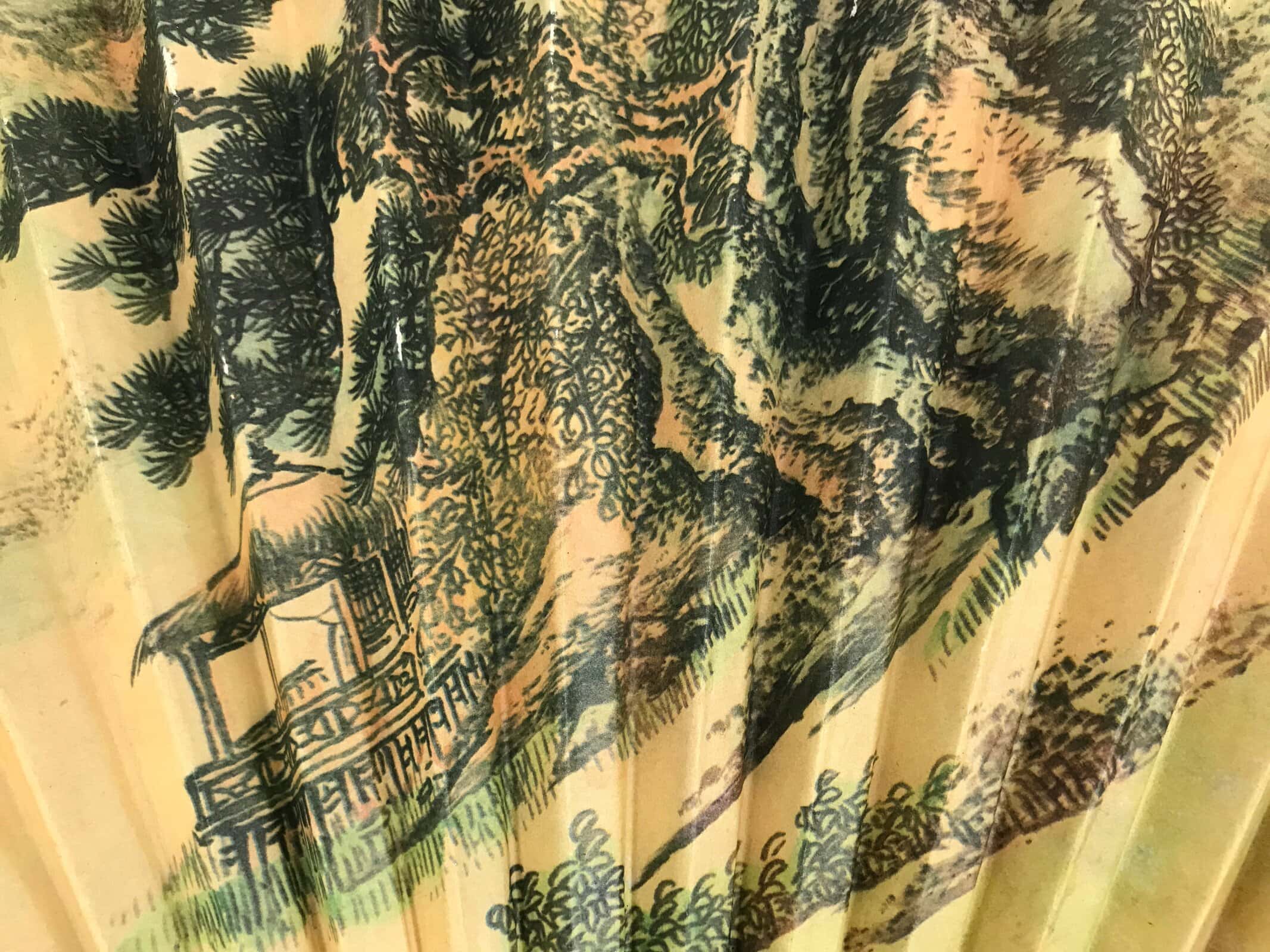 Chinese Paper Folding Fan Sensu Vtg Bamboo Frame Calligraphy House Trees 4D941