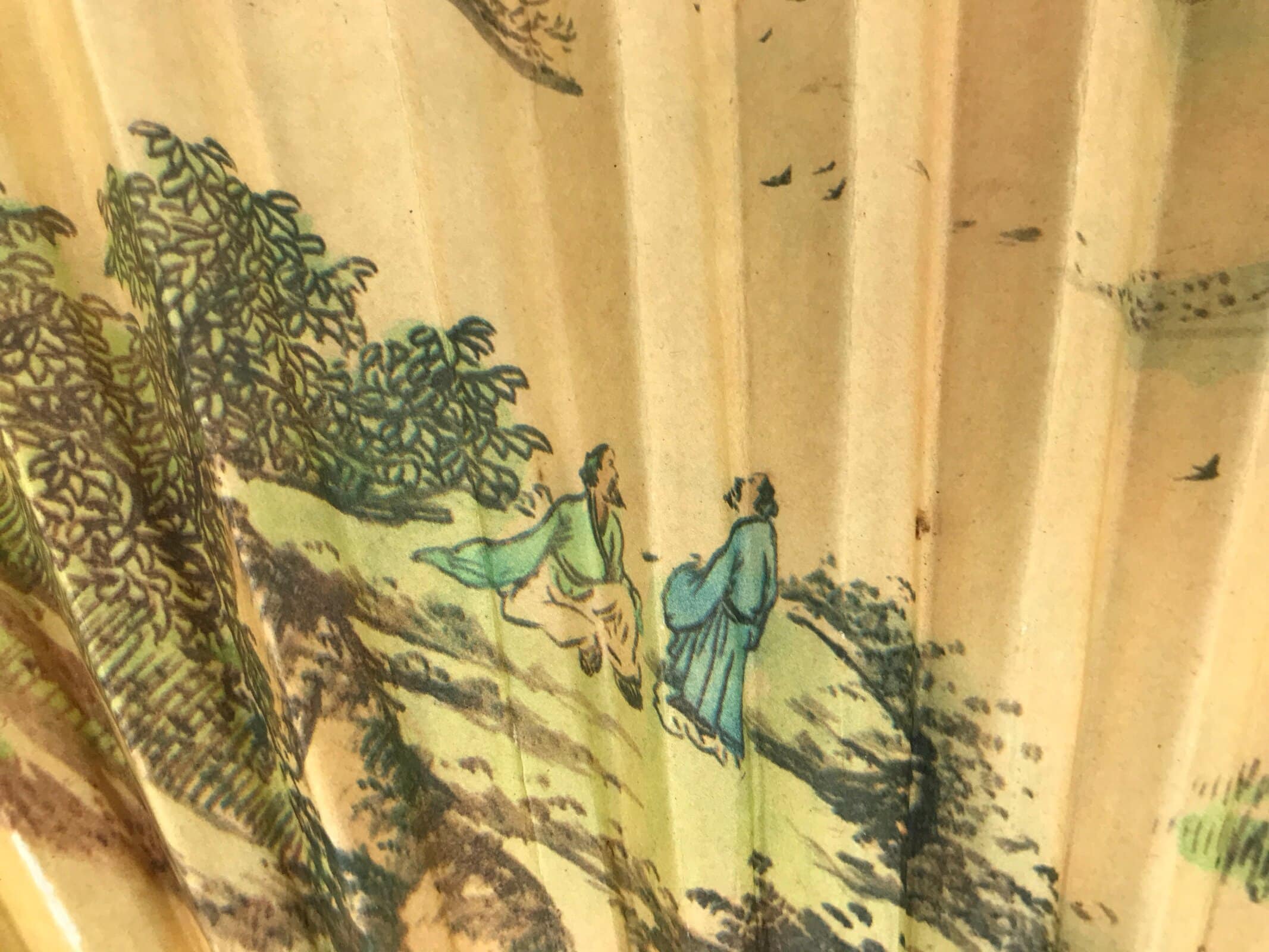 Chinese Paper Folding Fan Sensu Vtg Bamboo Frame Calligraphy House Trees 4D941