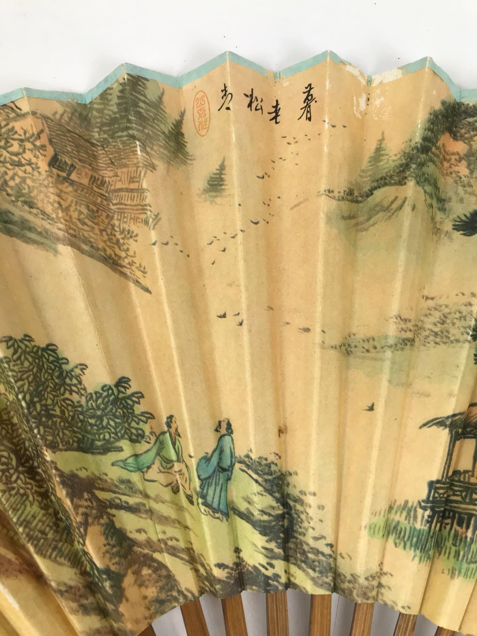 Chinese Paper Folding Fan Sensu Vtg Bamboo Frame Calligraphy House Trees 4D941