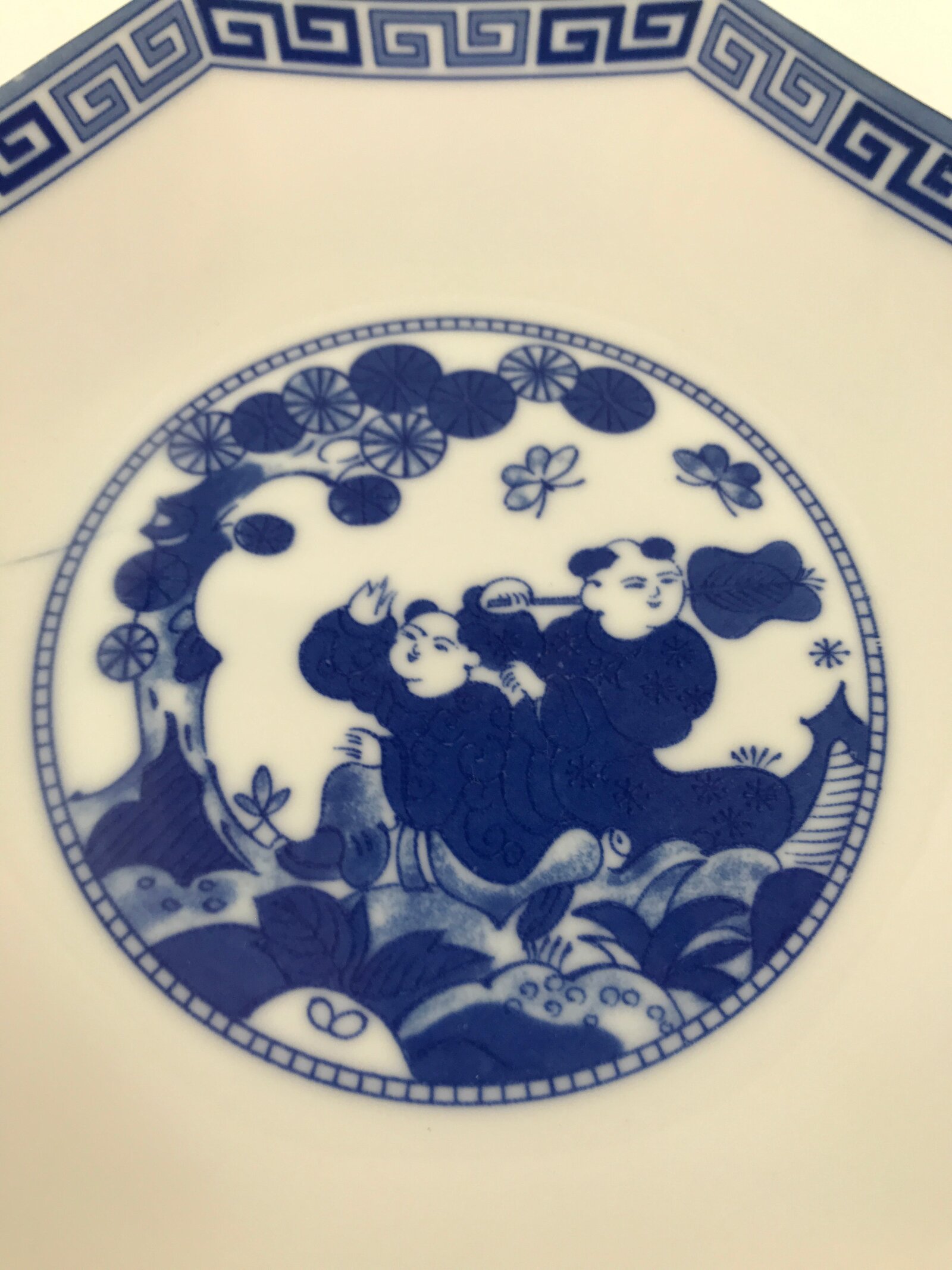 Chinese Porcelain Octagonal Plate Vtg Blue White Tang Children Butterfly PY793