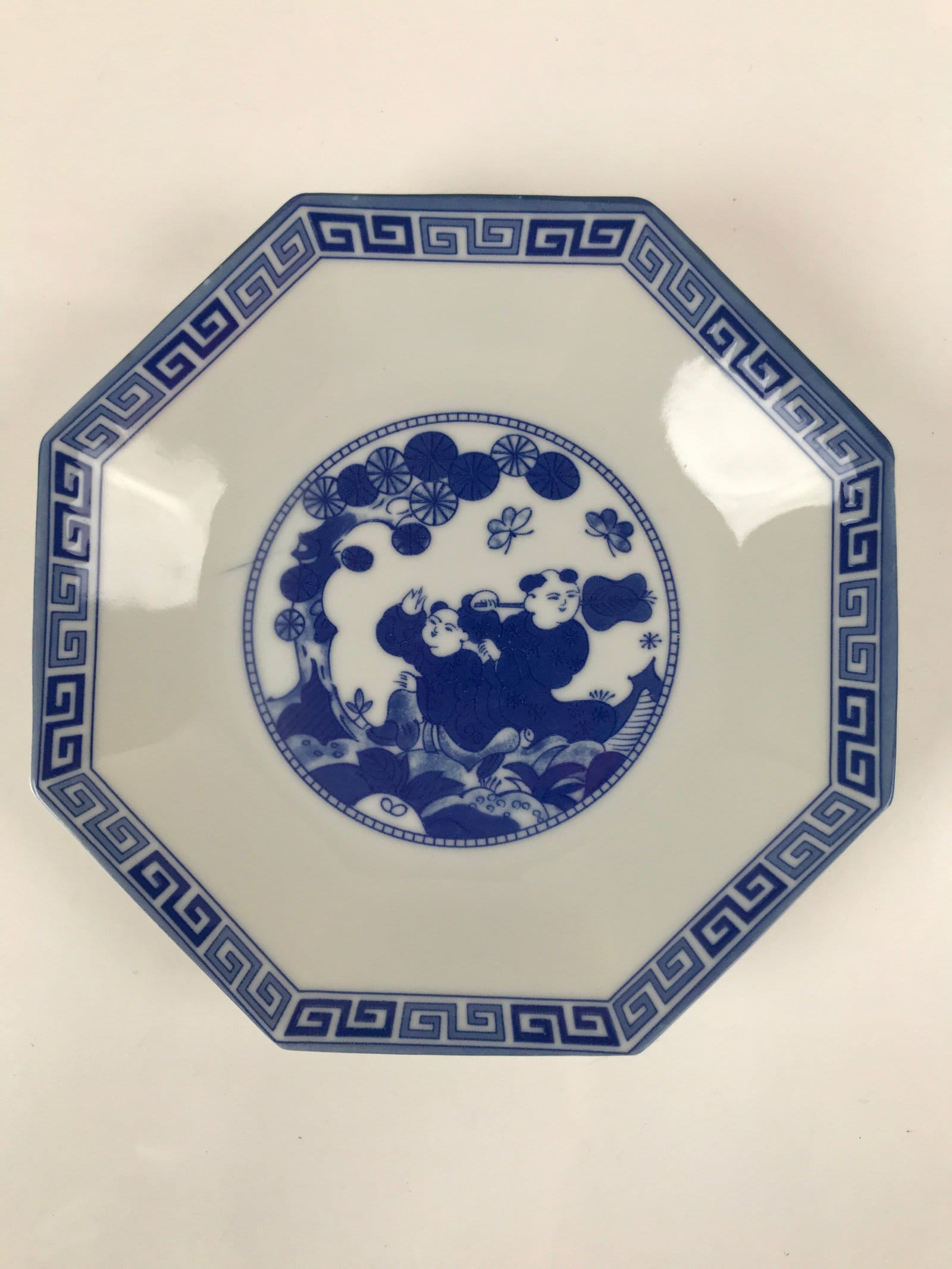 Chinese Porcelain Octagonal Plate Vtg Blue White Tang Children Butterfly PY793