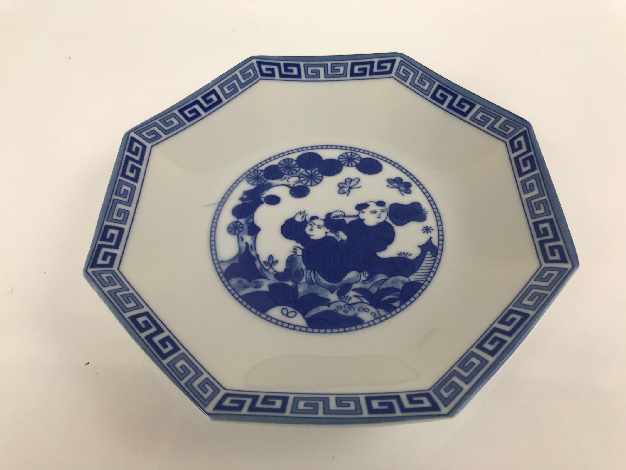 Chinese Porcelain Octagonal Plate Vtg Blue White Tang Children Butterfly PY793
