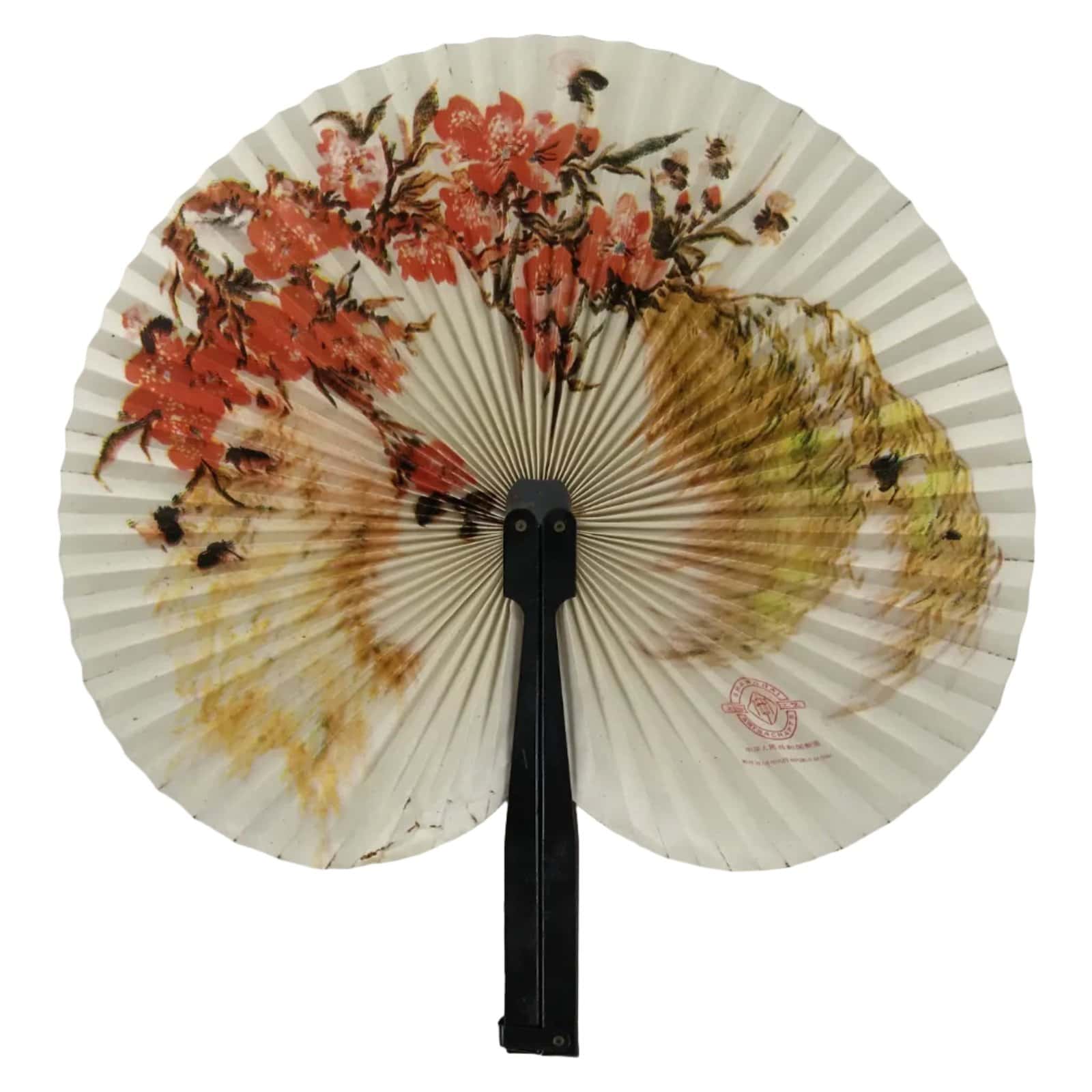 Chinese Radial Paper Folding Fan Vtg Sensu Black Metal Frame Cherry Blossom 5D24
