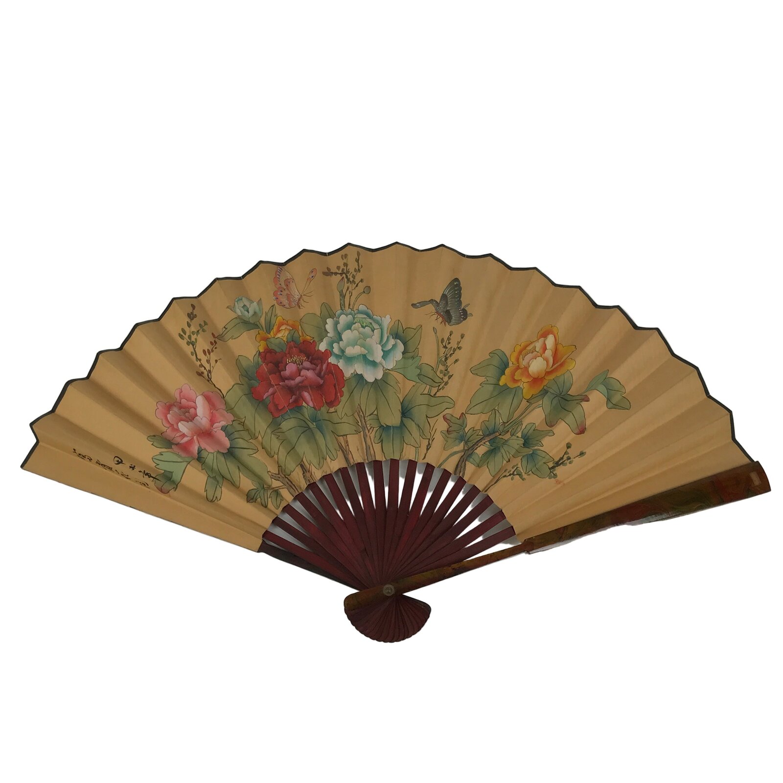 Chinese Silk Paper Folding Fan Botan Peony Sensu Bamboo Frame Green Brown 4D984
