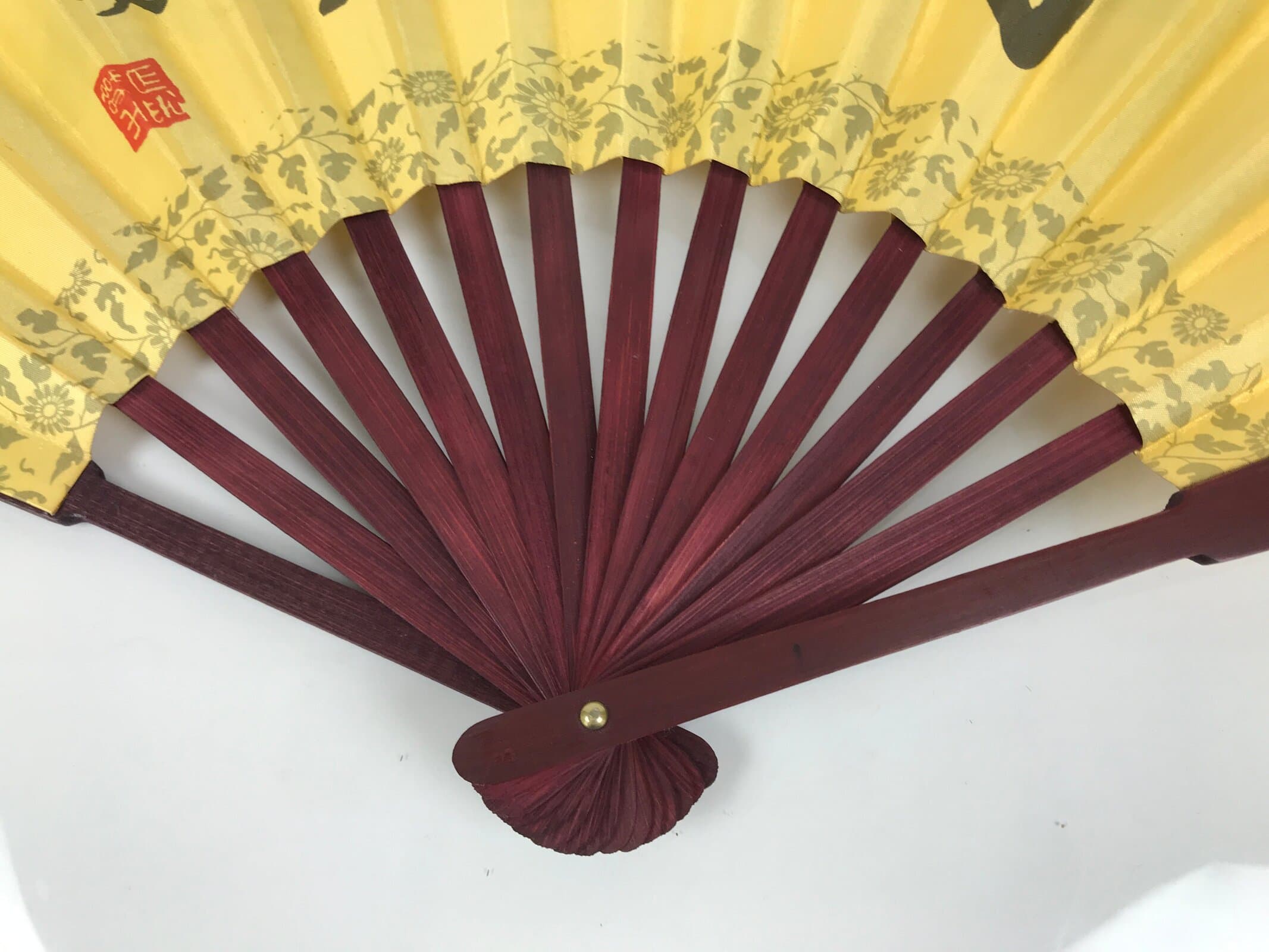Chinese Silk Paper Folding Fan Vtg Calligraphy Idioms Bamboo Frame Yellow 4D986