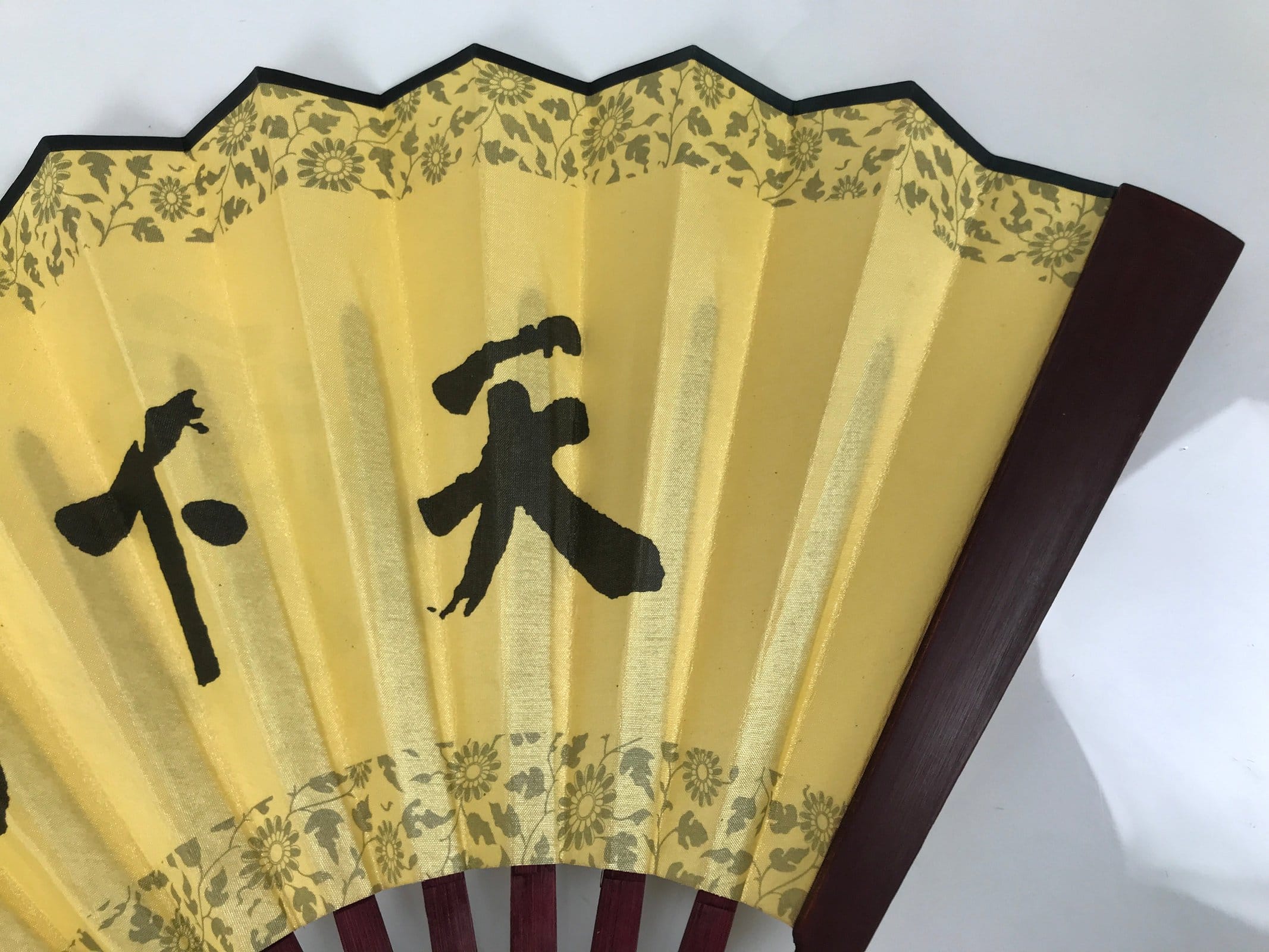 Chinese Silk Paper Folding Fan Vtg Calligraphy Idioms Bamboo Frame Yellow 4D986