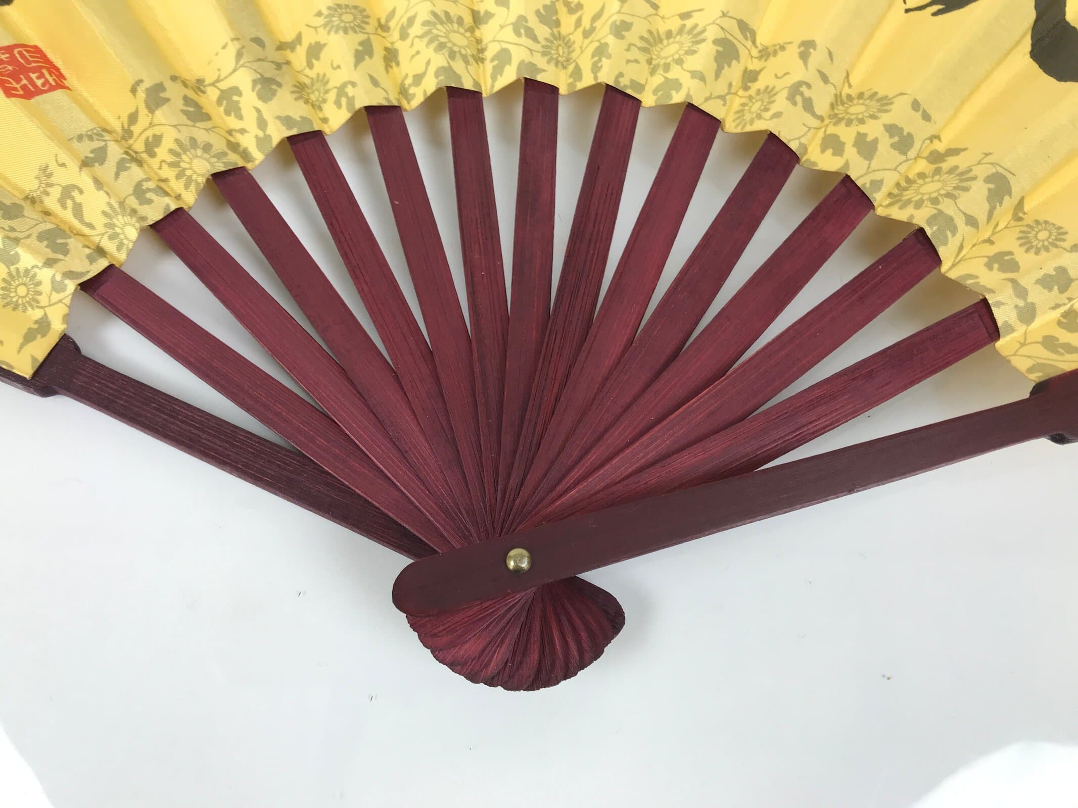 Chinese Silk Paper Folding Fan Vtg Calligraphy Idioms Bamboo Frame Yellow 4D986