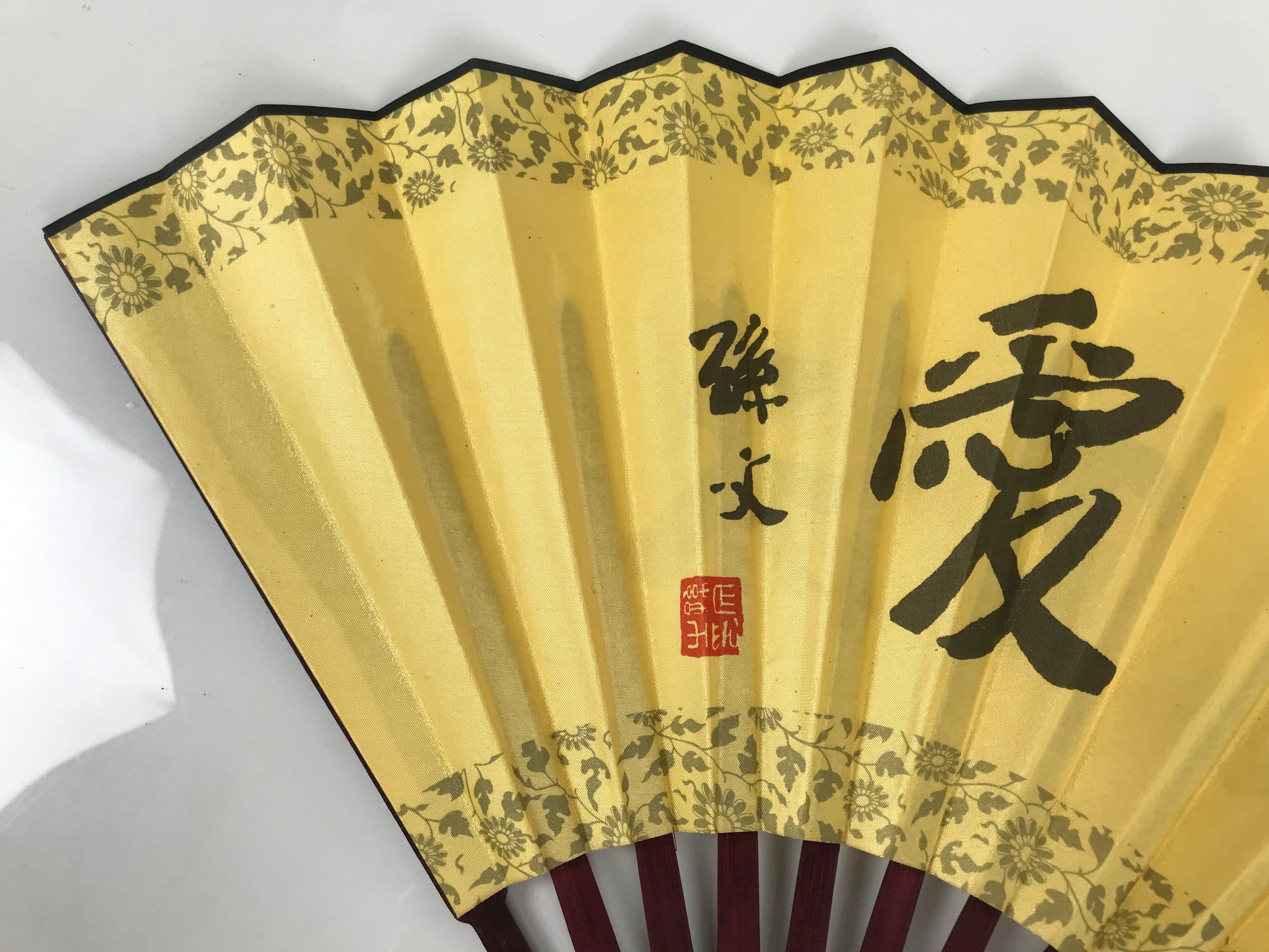 Chinese Silk Paper Folding Fan Vtg Calligraphy Idioms Bamboo Frame Yellow 4D986
